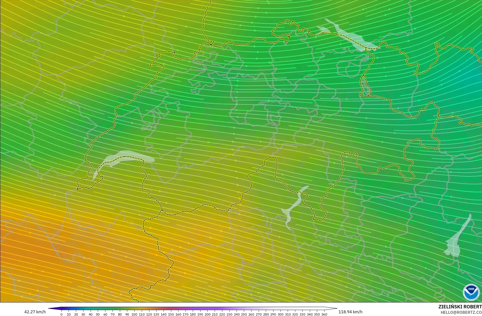 GFS modelo - Suiza, Viento a 300 hPa (corriente en chorro)
