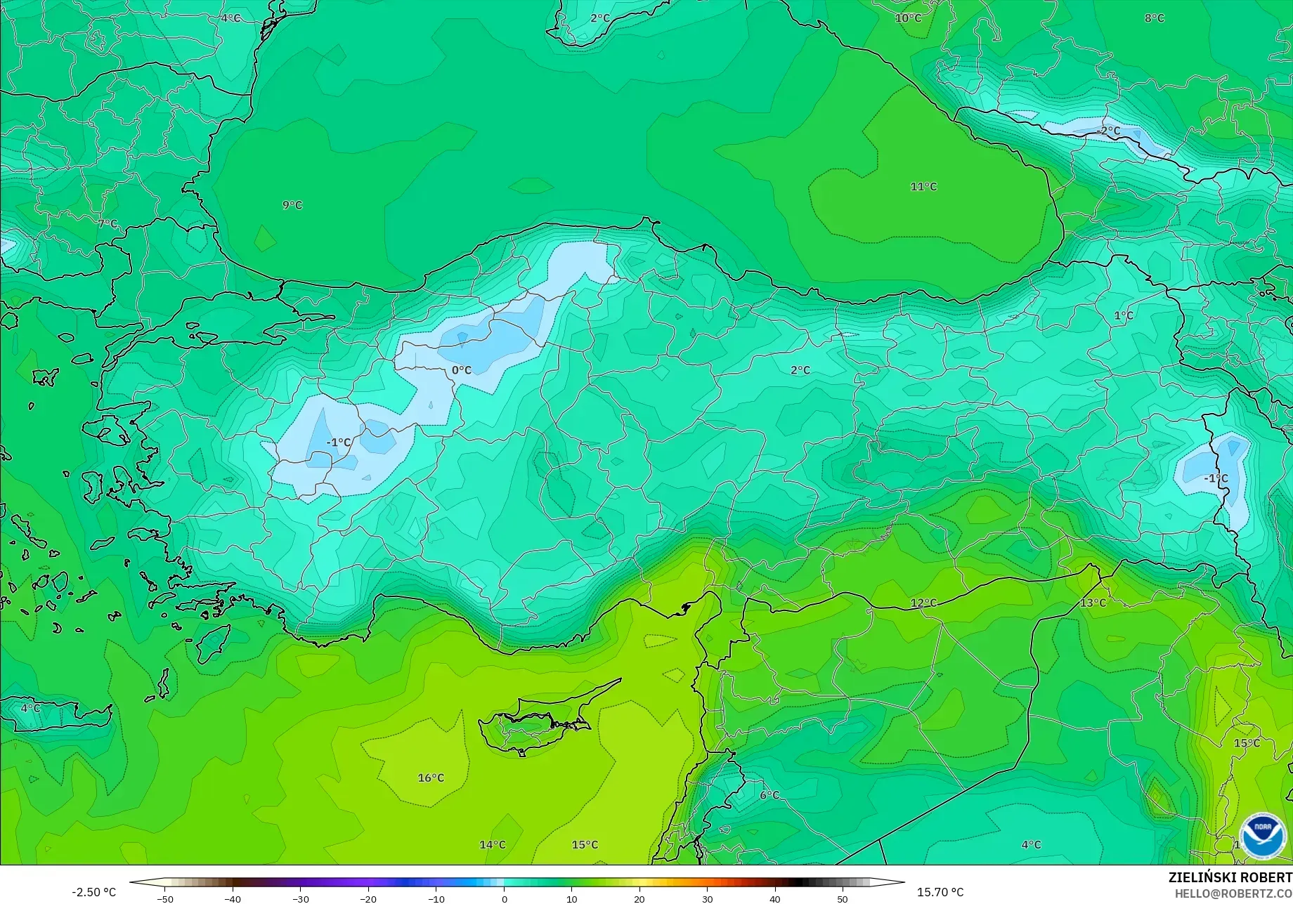 GFS modelo - Turquía, Punto de rocío a 2 m