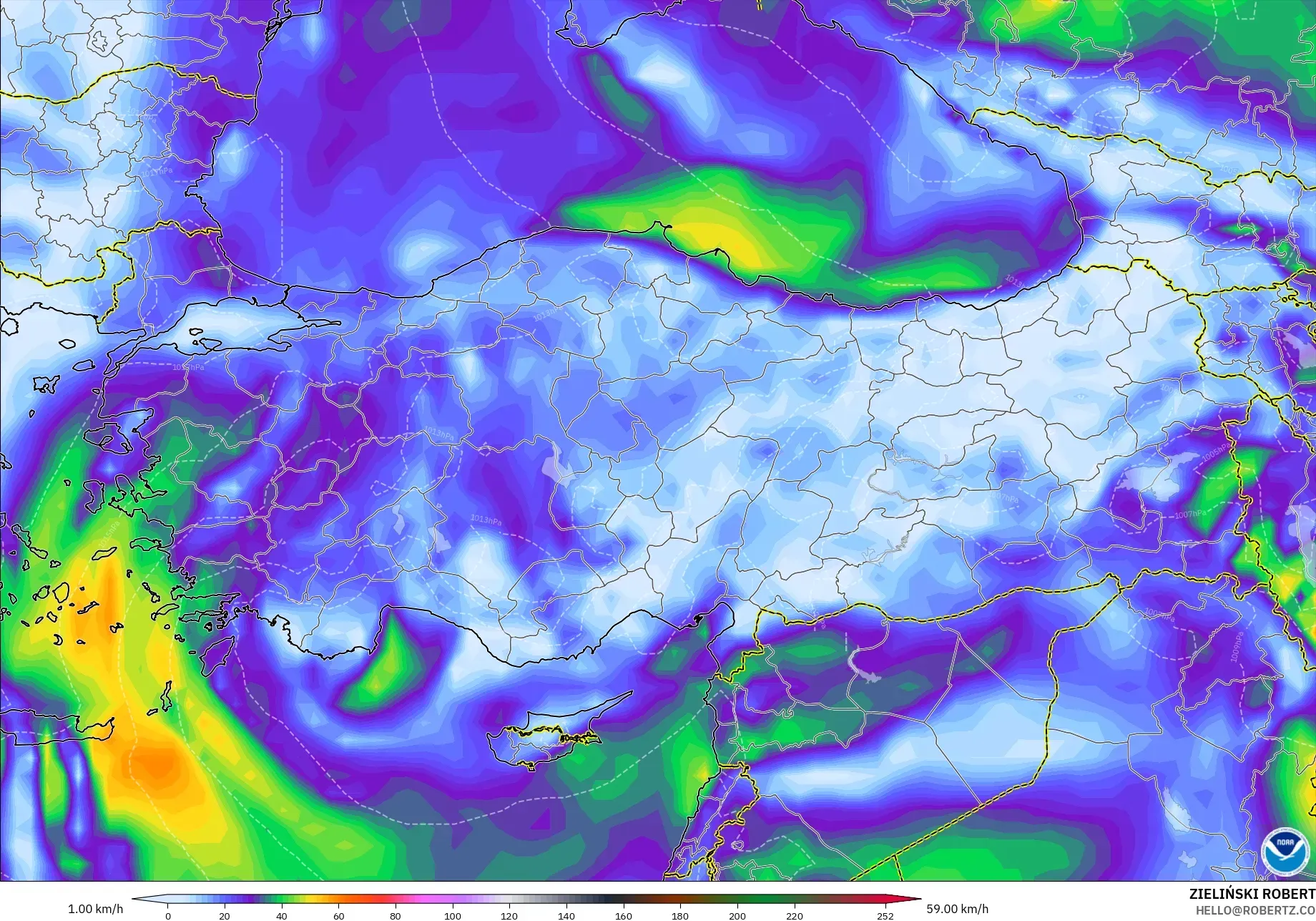 GFS modelo - Turquía, Ráfagas de viento