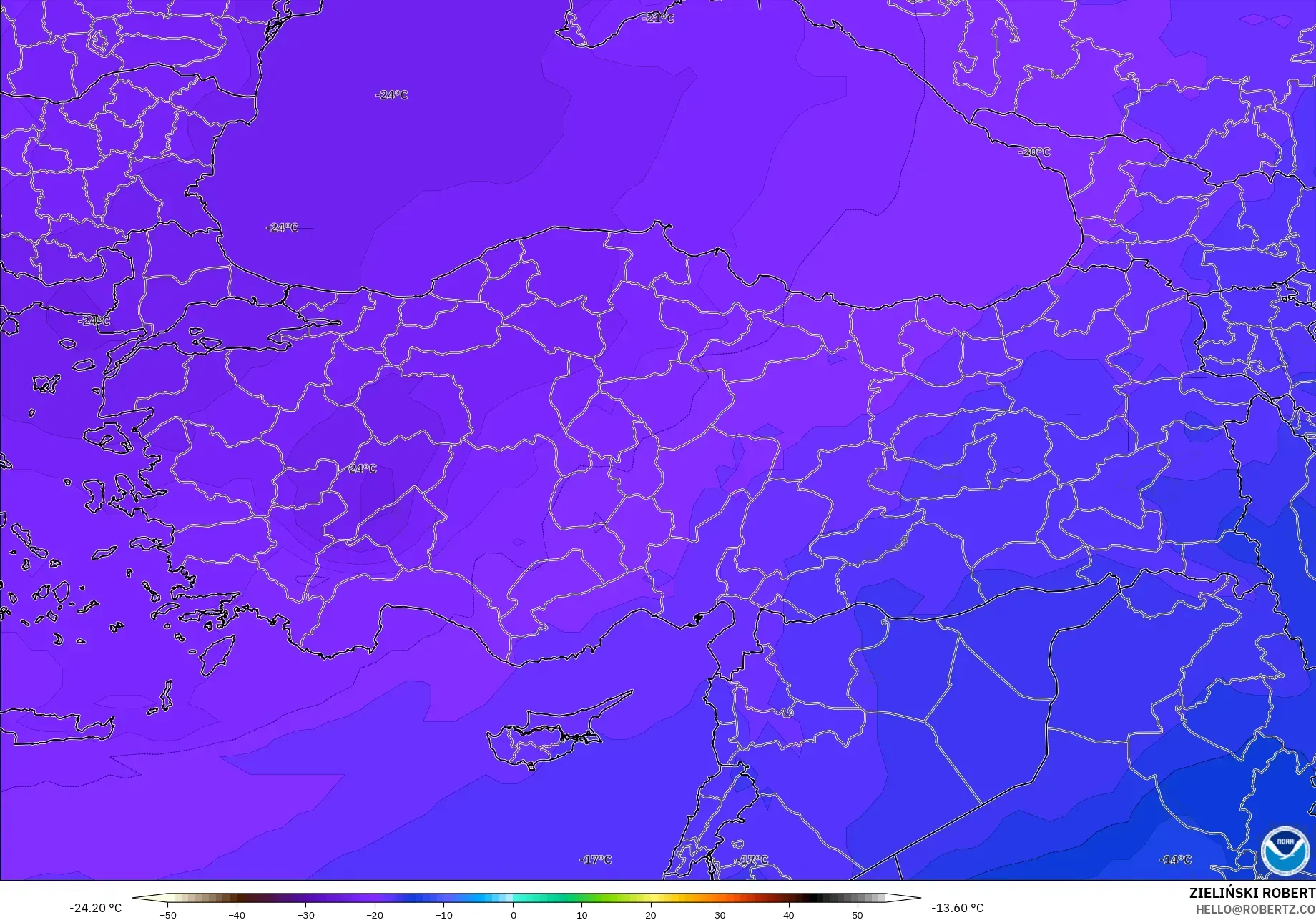 GFS modelo - Turquía, Temperatura a 500 hPa
