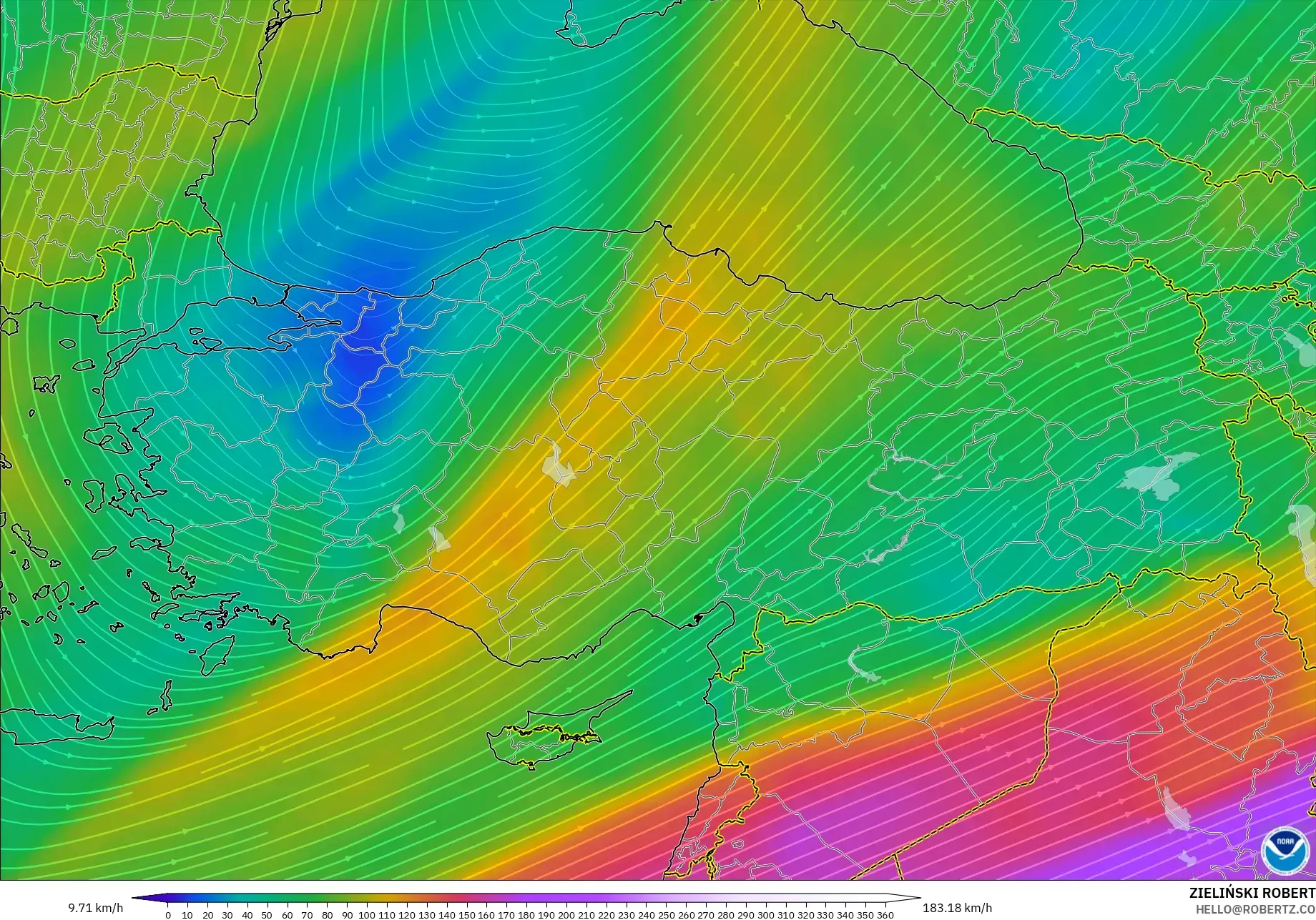 GFS modelo - Turquía, Viento a 300 hPa (corriente en chorro)