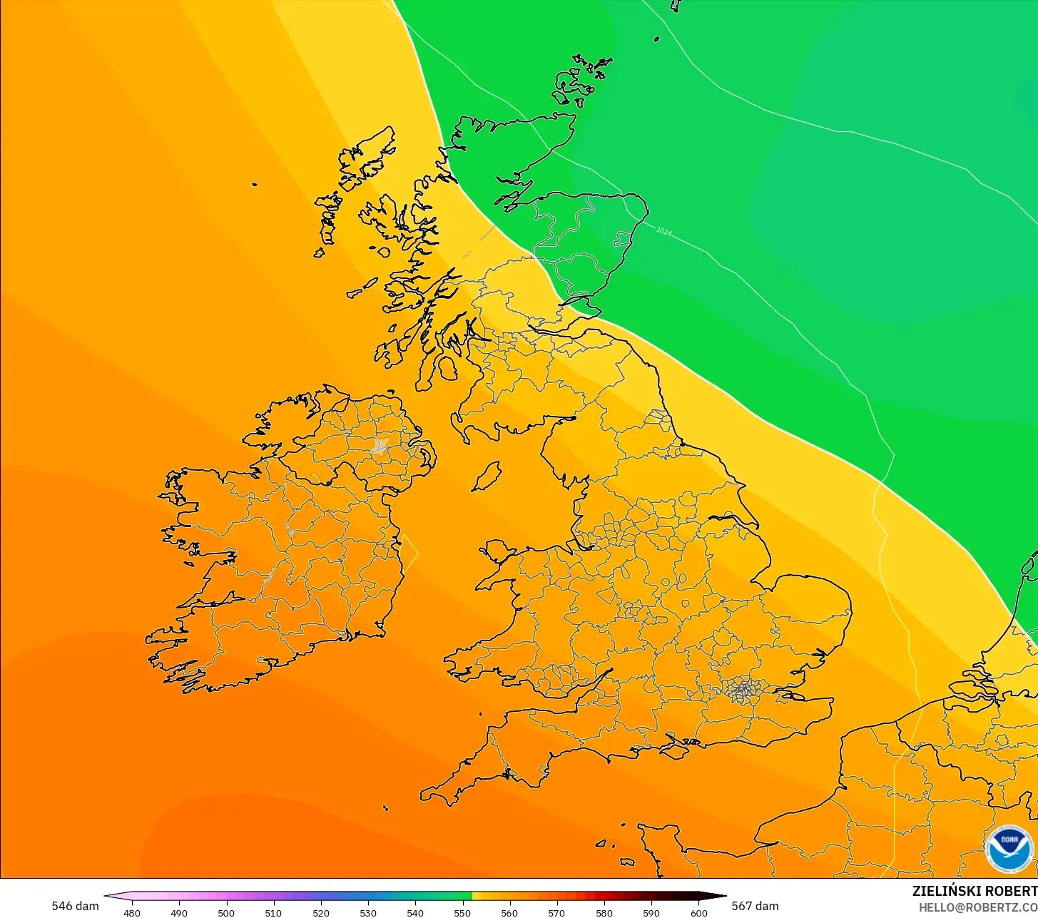 GFS modelo - Reino Unido, Altura geopotencial a 500 hPa