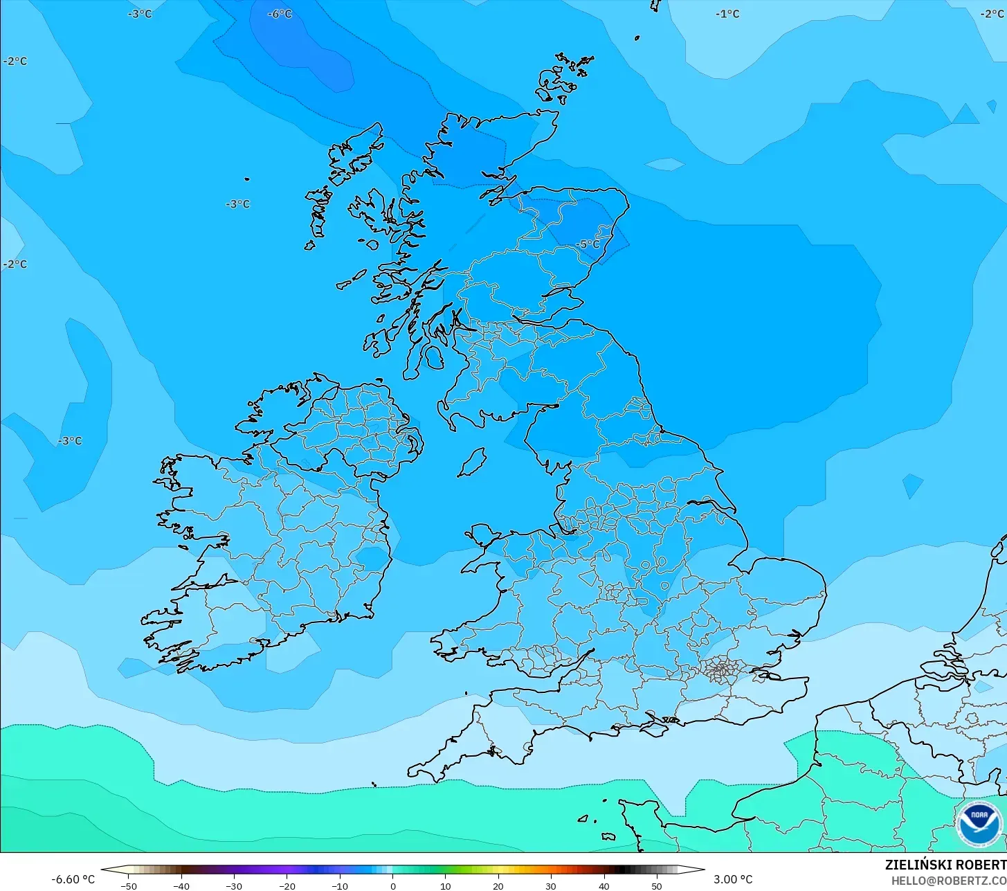 GFS modelo - Reino Unido, Temperatura a 850 hPa