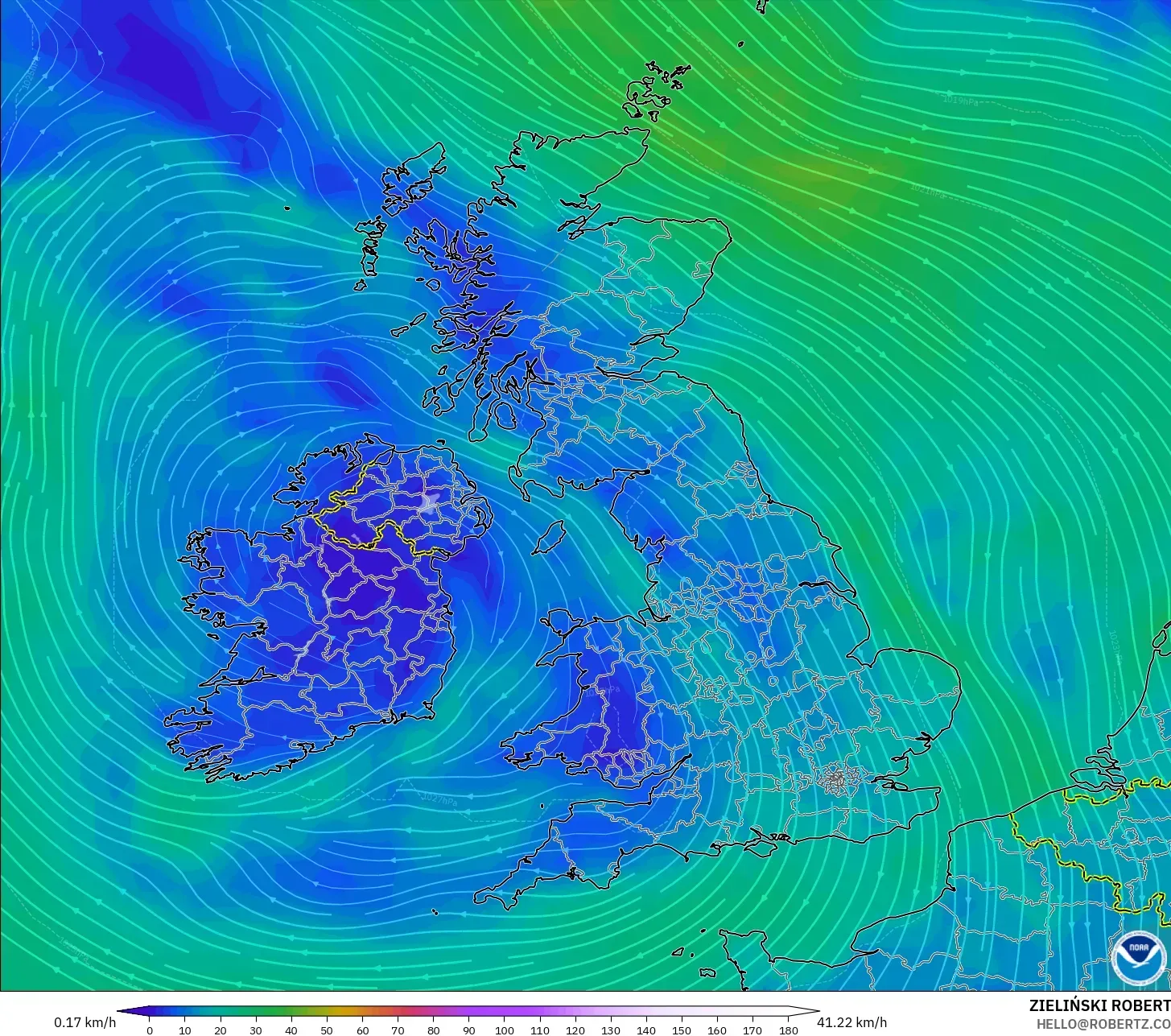 GFS modelo - Reino Unido, Viento a 10 m