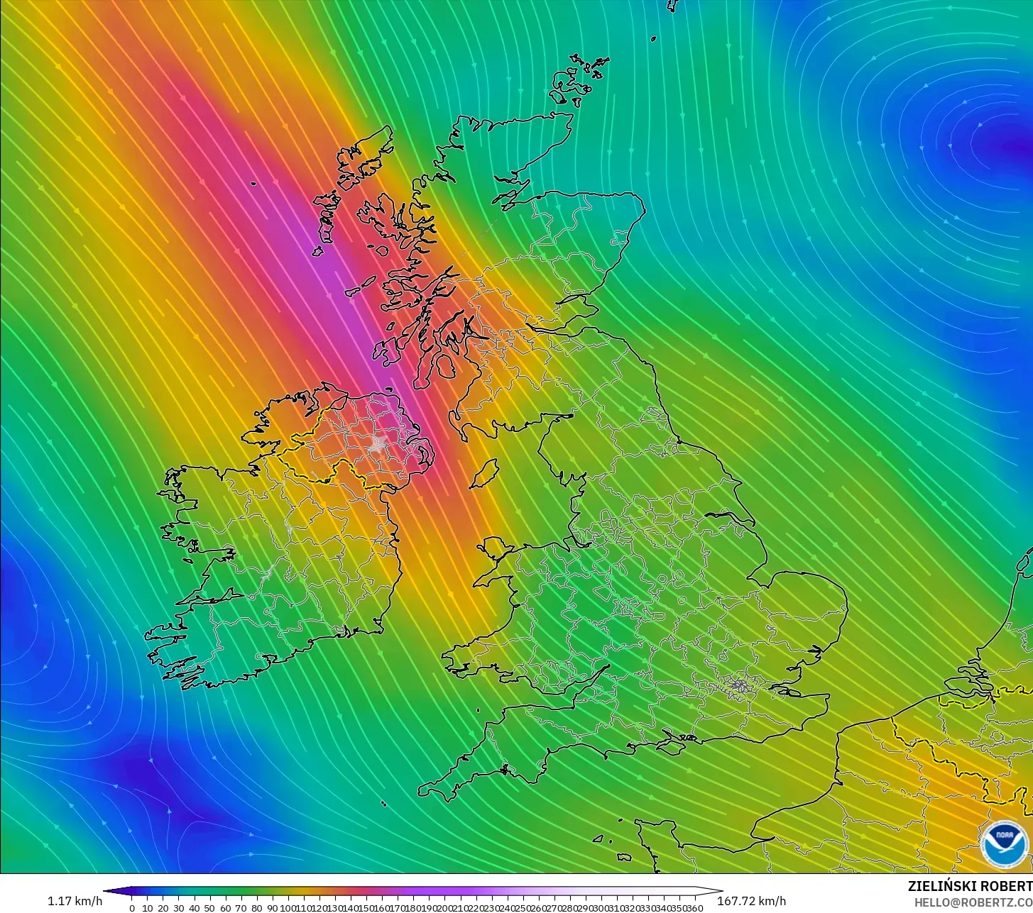 GFS modelo - Reino Unido, Viento a 300 hPa (corriente en chorro)