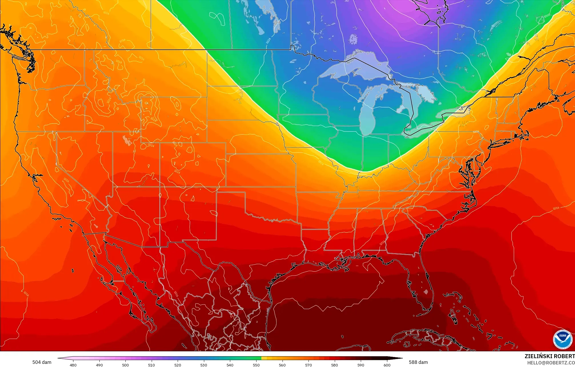GFS modelo - Estados Unidos, Altura geopotencial a 500 hPa