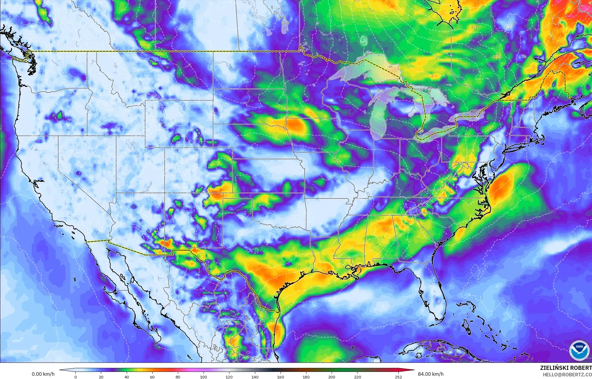 GFS modelo - Estados Unidos, Ráfagas de viento