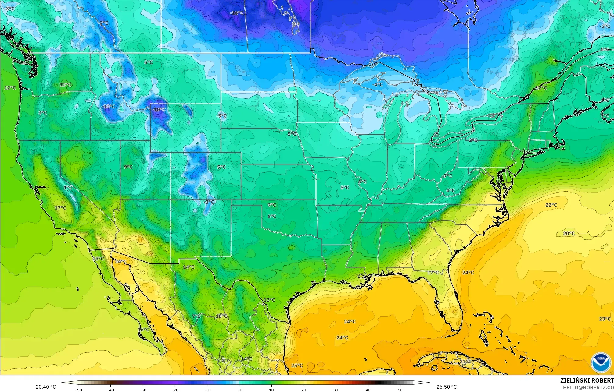 GFS modelo - Estados Unidos, Temperatura a 2 m