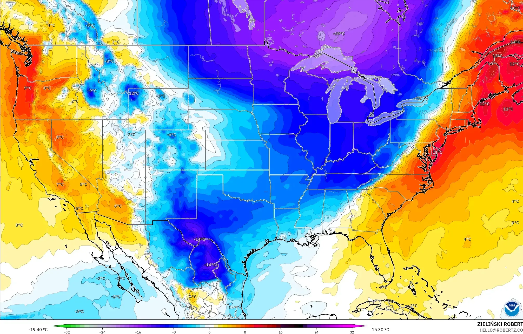 GFS modelo - Estados Unidos, Anomalía de temperatura a 850 hPa