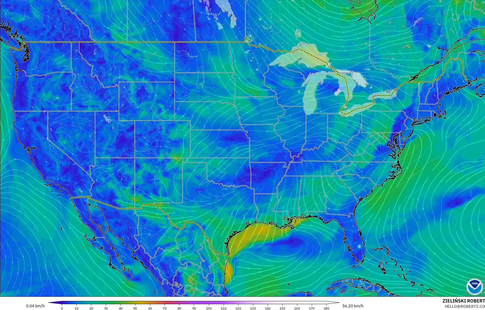 GFS modelo - Estados Unidos, Viento a 10 m