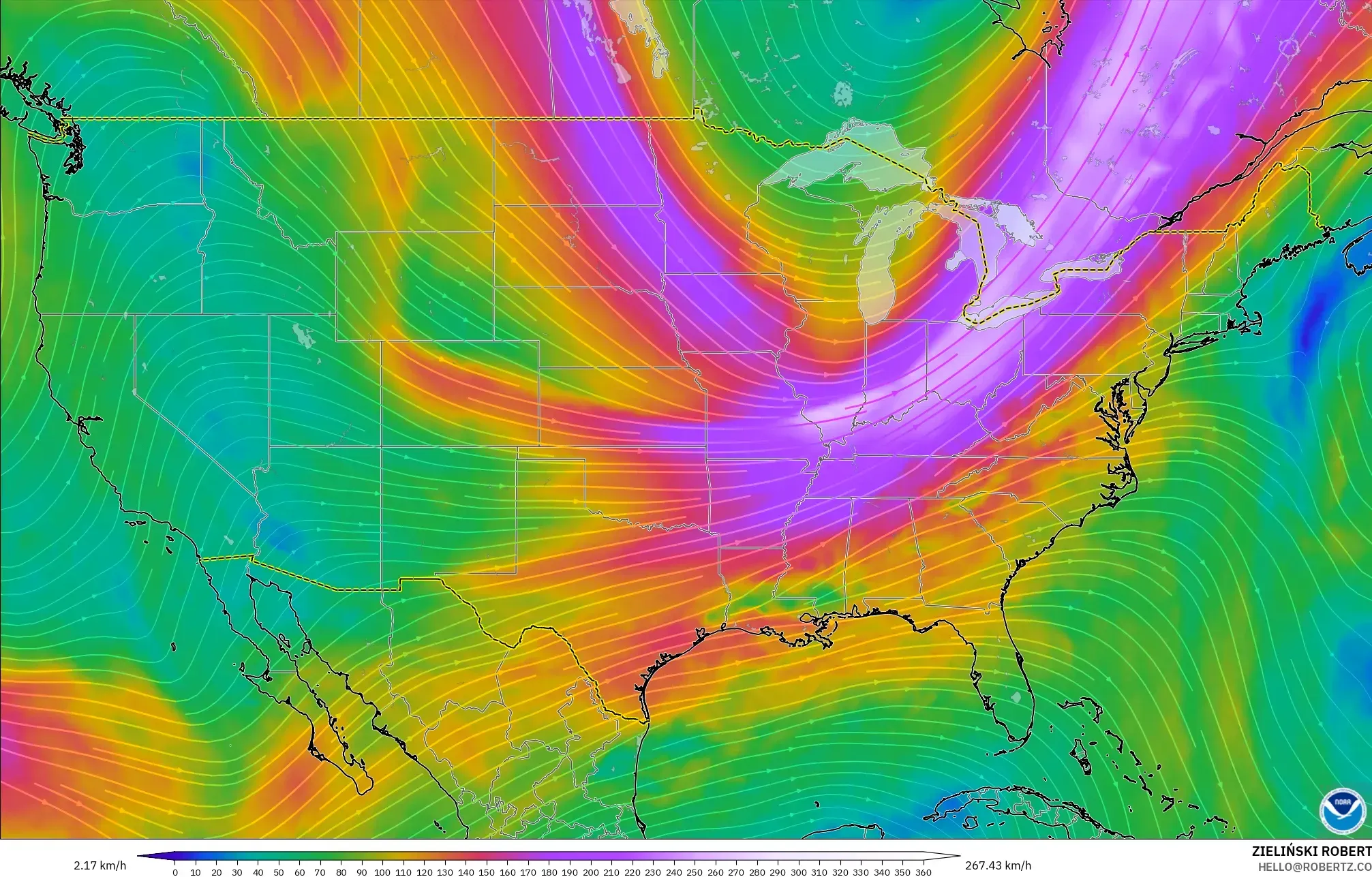GFS modelo - Estados Unidos, Viento a 300 hPa (corriente en chorro)