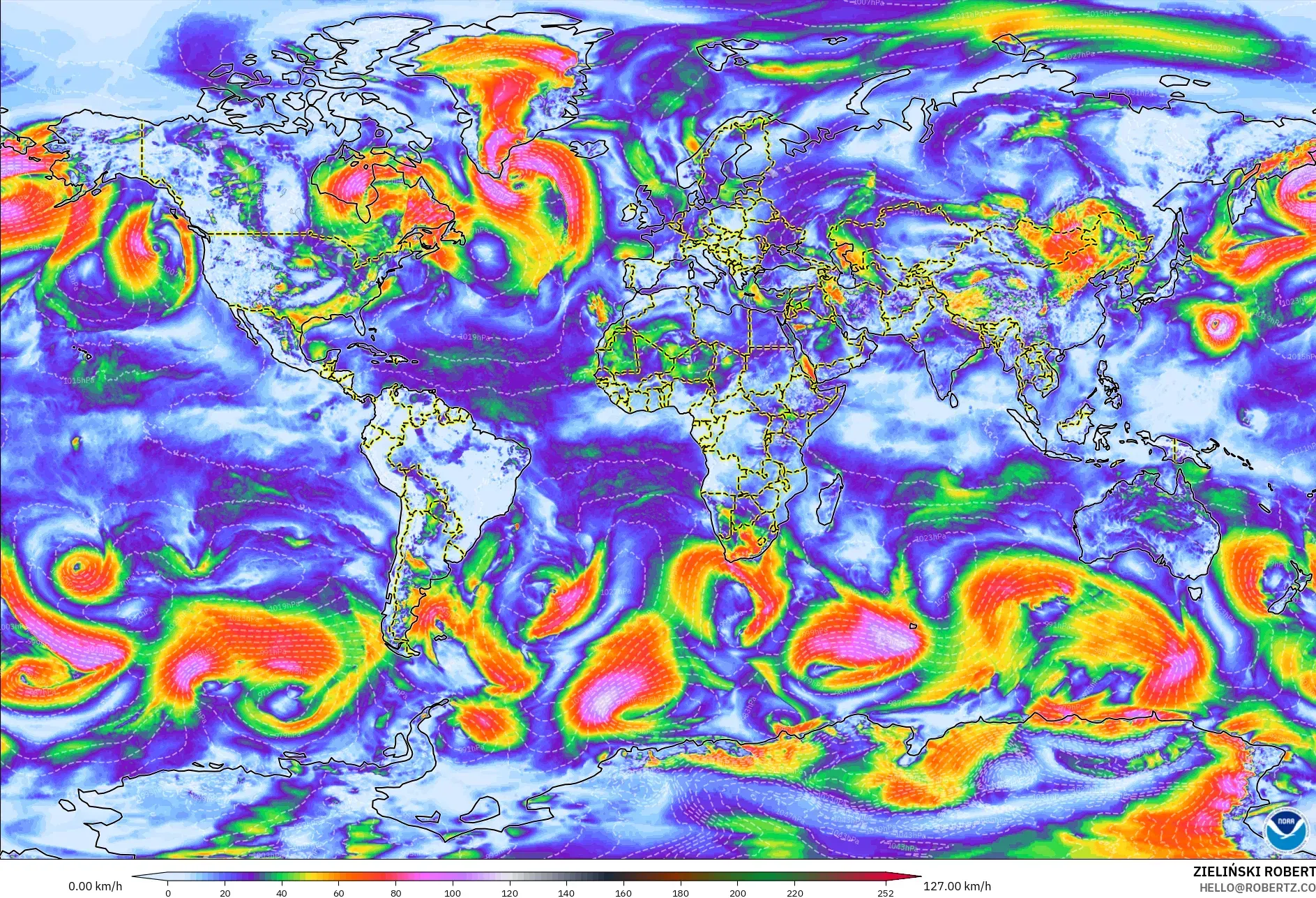GFS modelo - Mundo, Ráfagas de viento