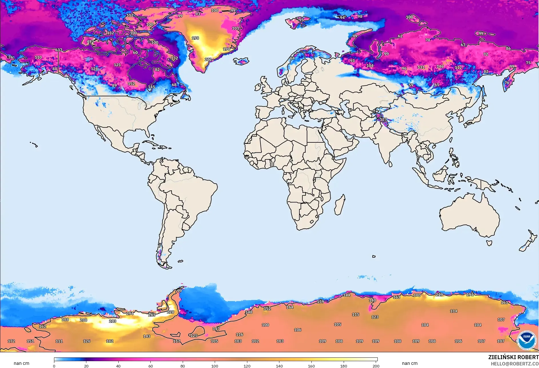 GFS modelo - Mundo, Profundidad de nieve