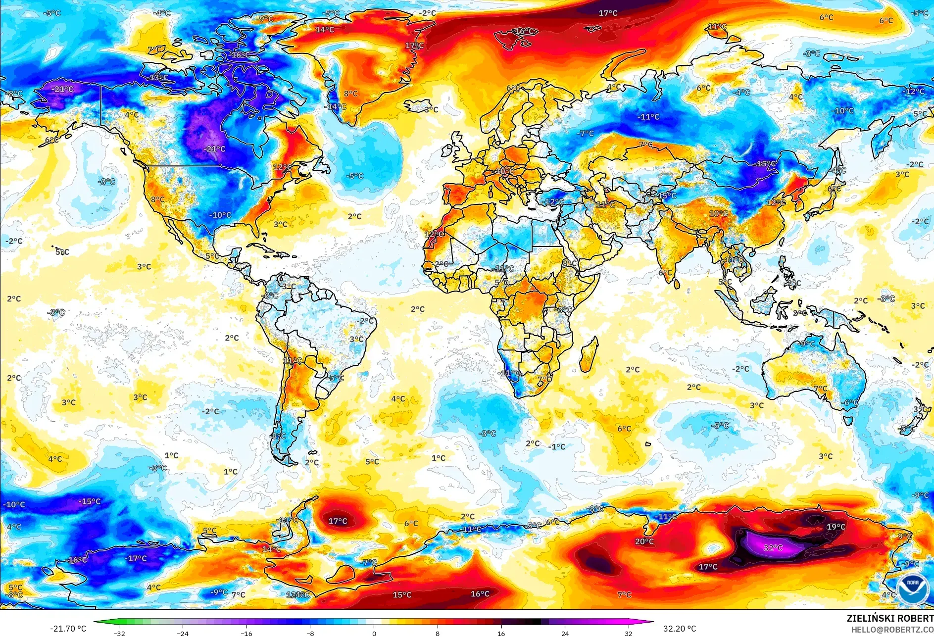 GFS modelo - Mundo, Anomalía de temperatura a 2 m