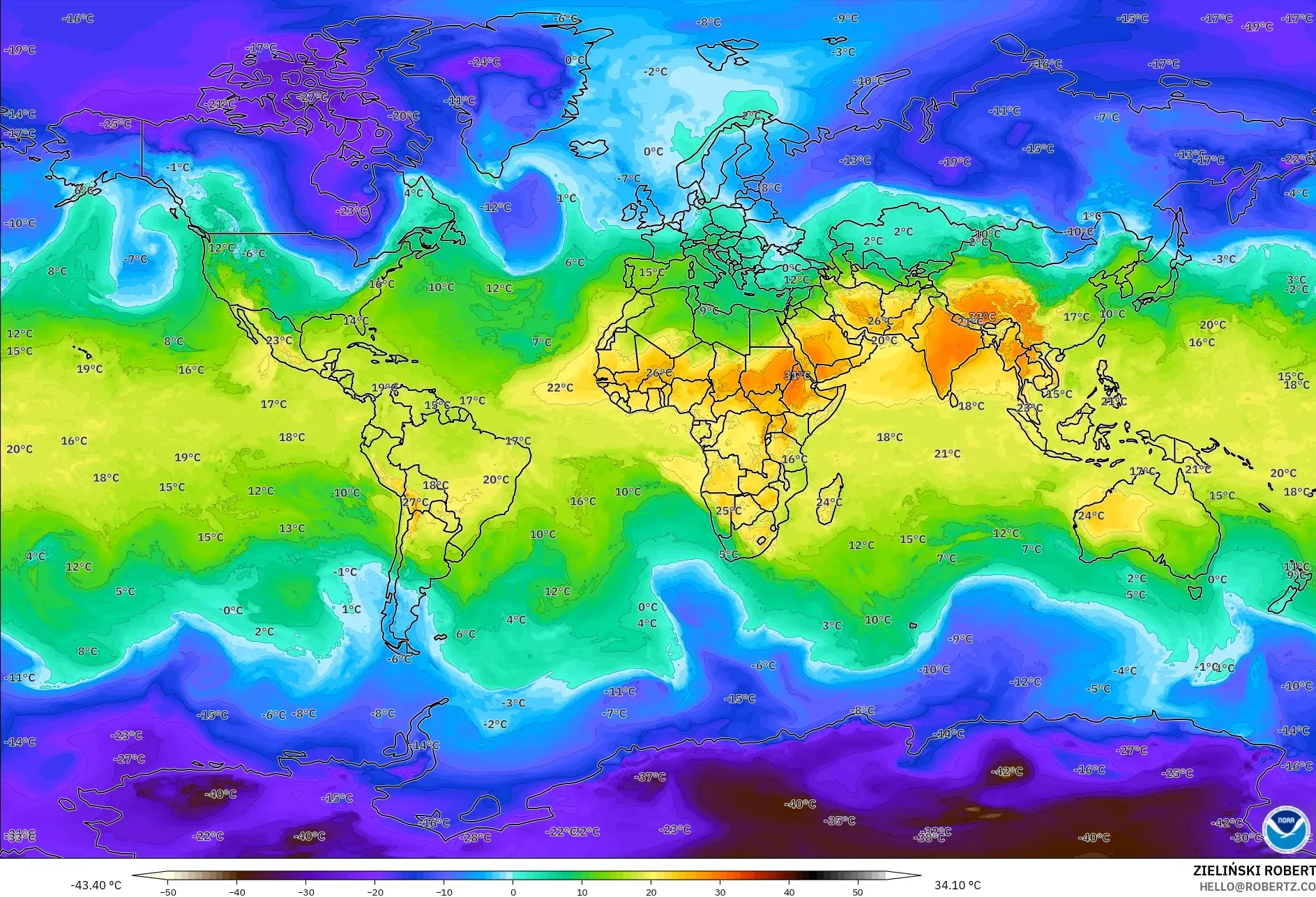 GFS modelo - Mundo, Temperatura a 850 hPa