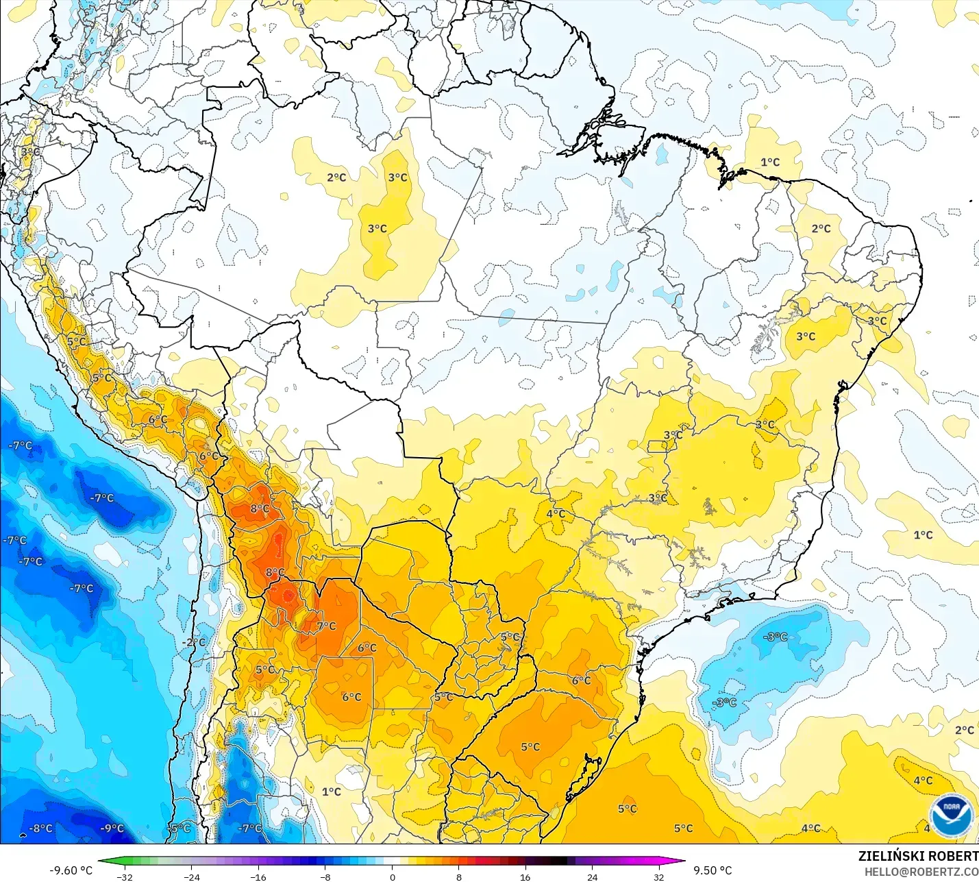 GFS modelo - Brasil, Anomalía de temperatura a 850 hPa