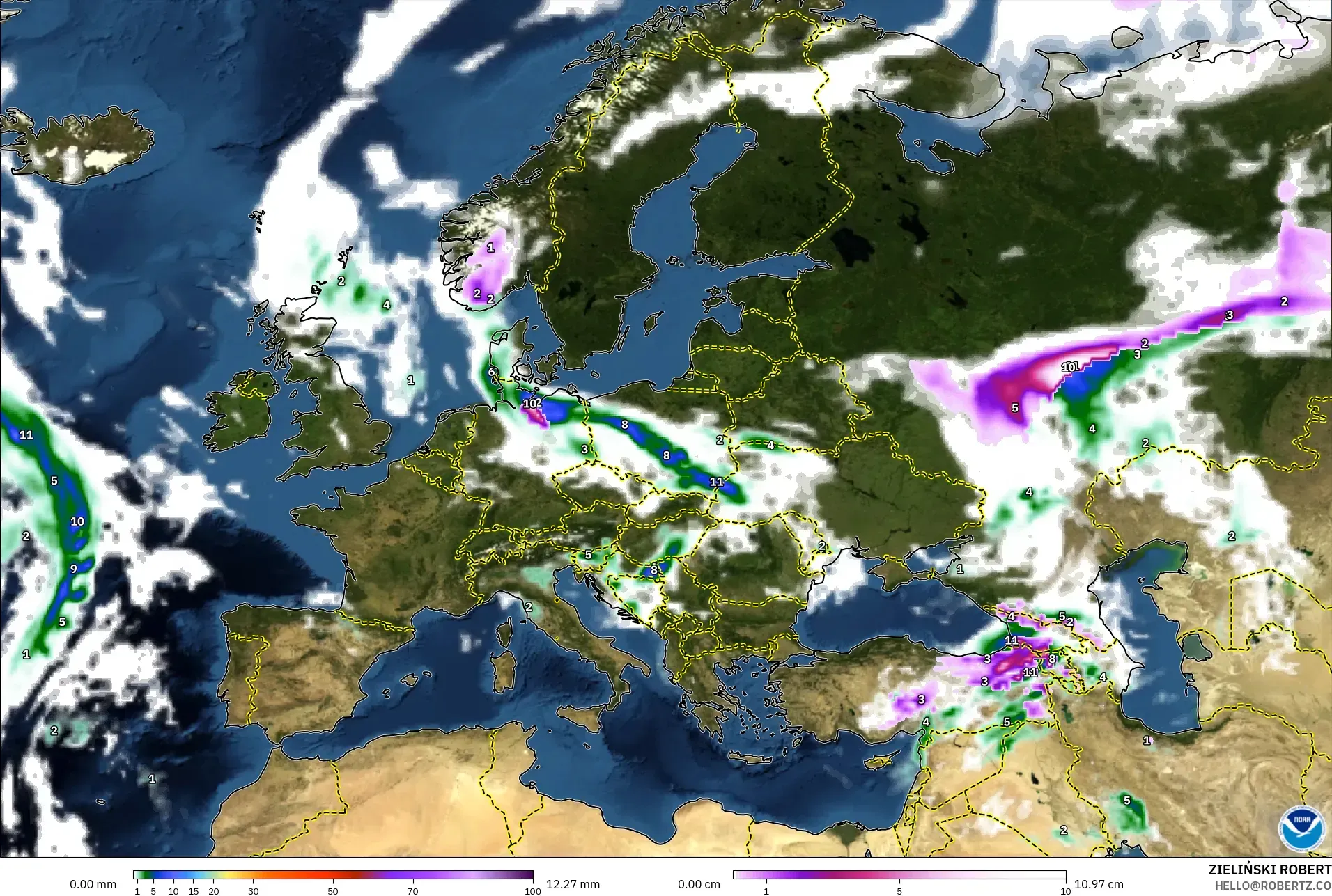 GFS modelo - Europa, Precipitación, nubes y presión