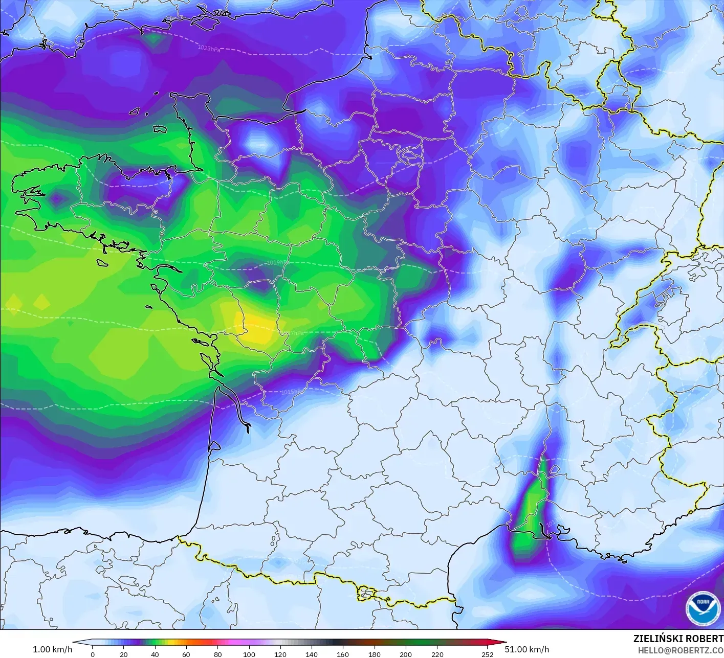 GFS modelo - Francia, Ráfagas de viento