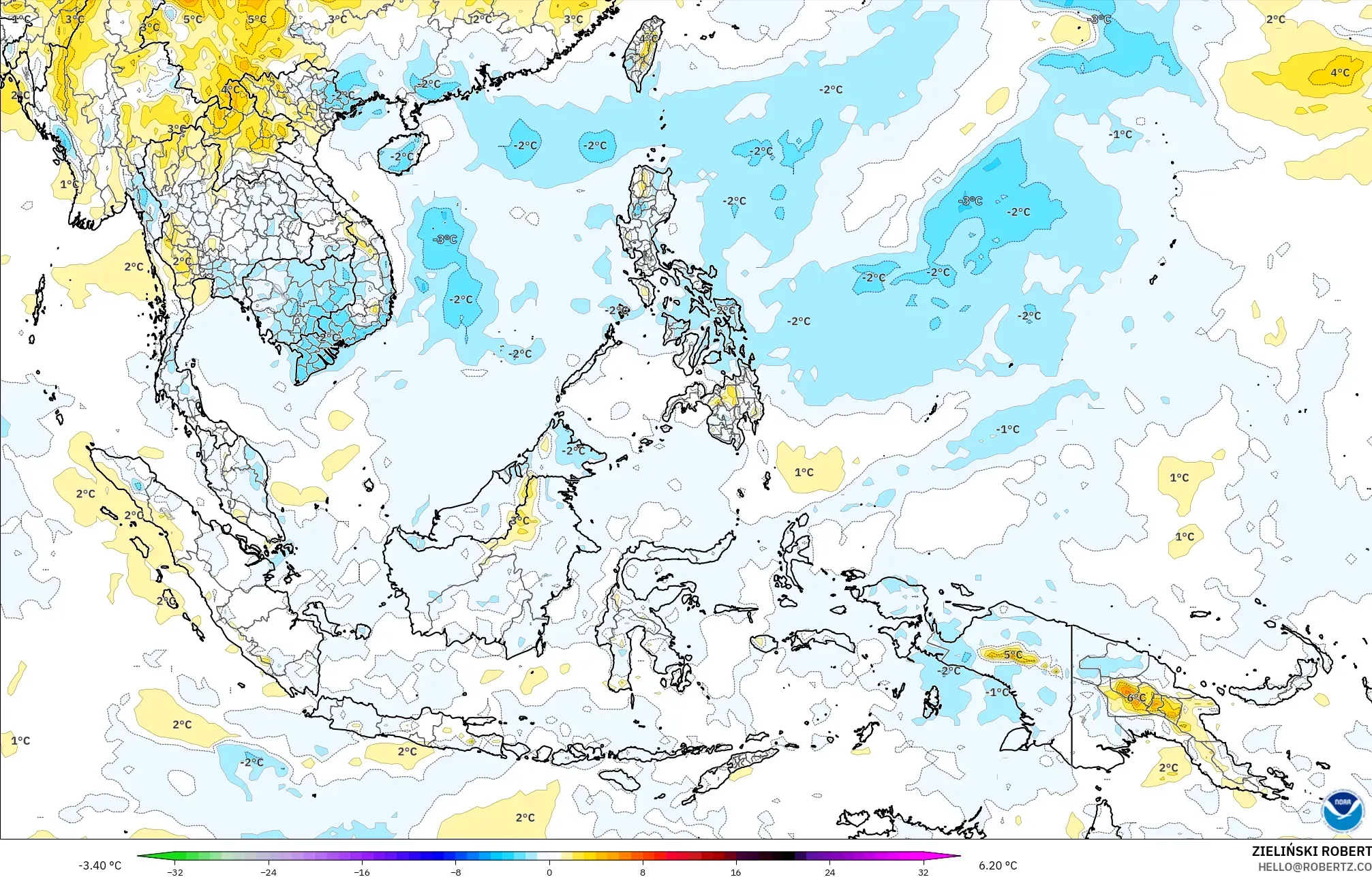 GFS modelo - Sudeste Asiático, Anomalía de temperatura a 850 hPa