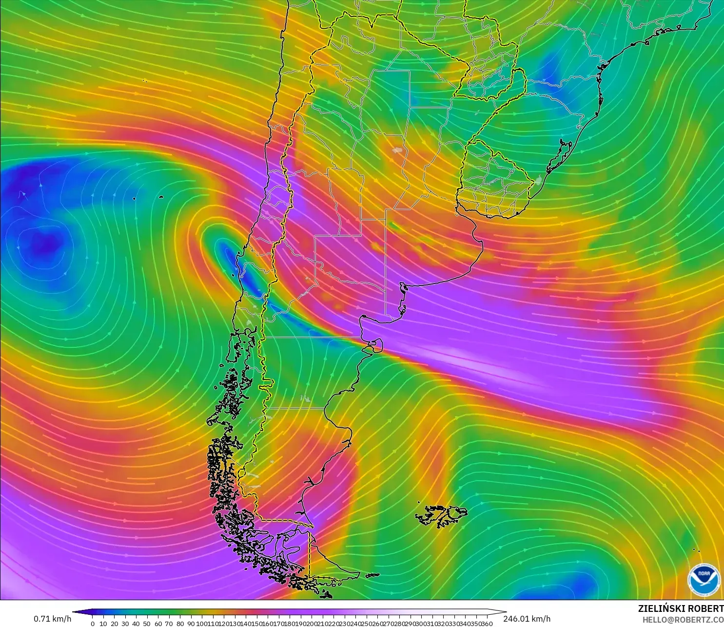 GFS modelo - Argentina, Viento a 300 hPa (corriente en chorro)