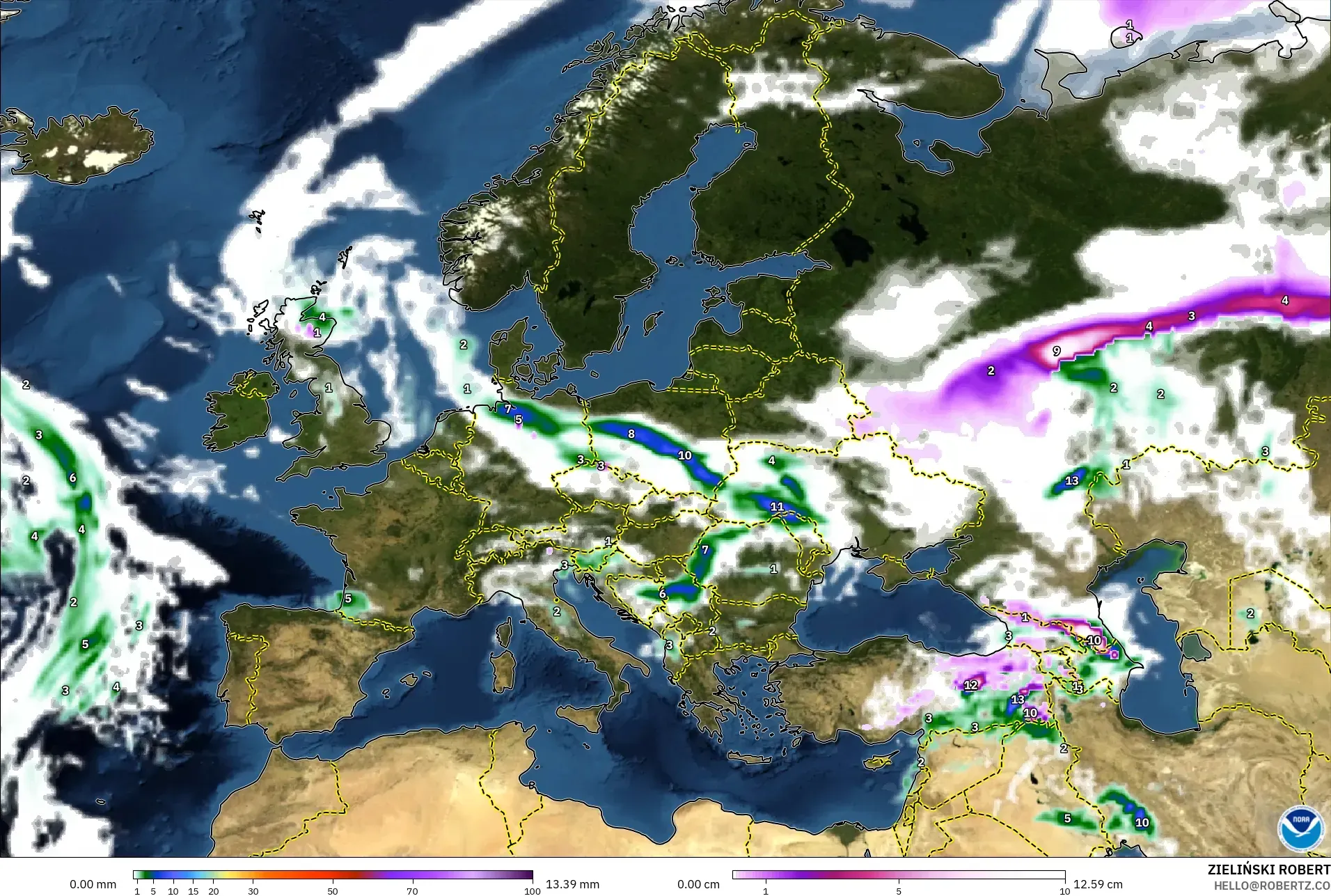 GFS modelo - Europa, Precipitación, nubes y presión