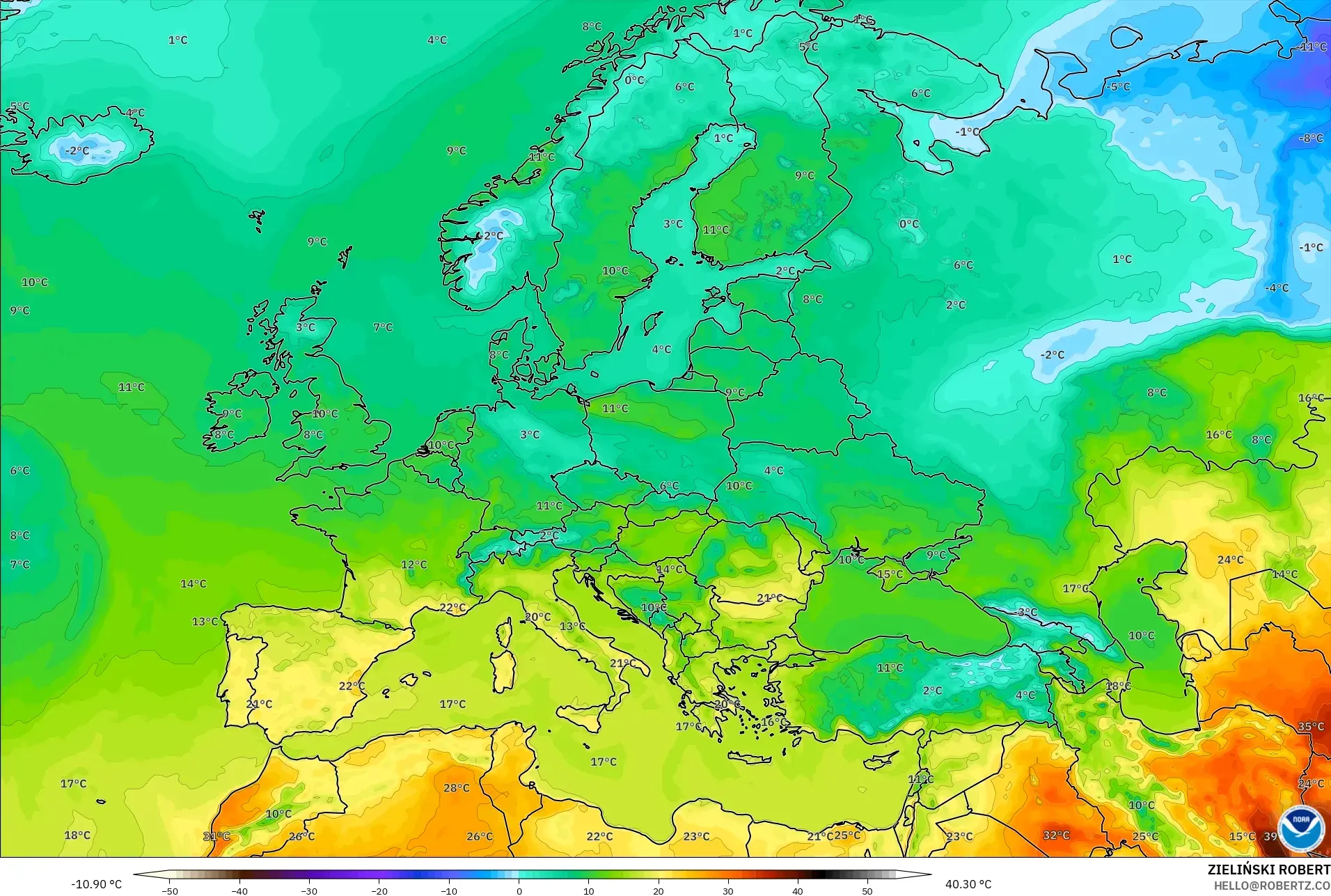 GFS modelo - Europa, Temperatura a 2 m