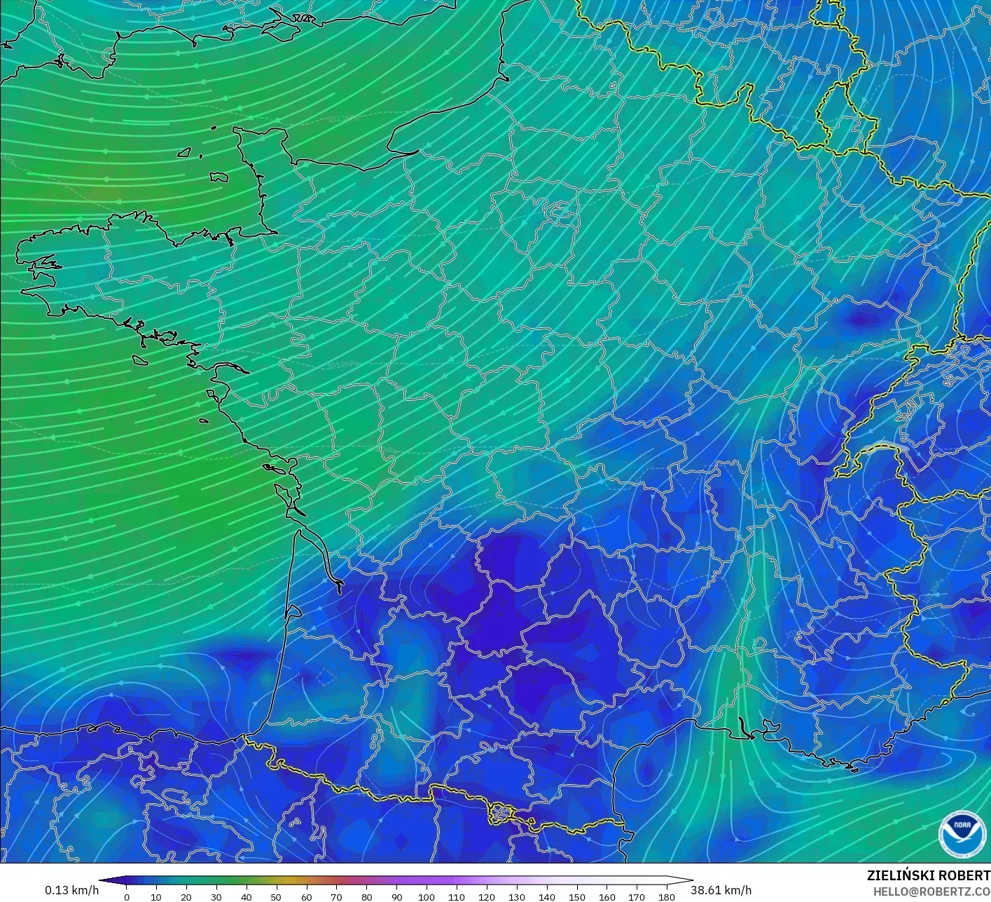 GFS modelo - Francia, Viento a 10 m