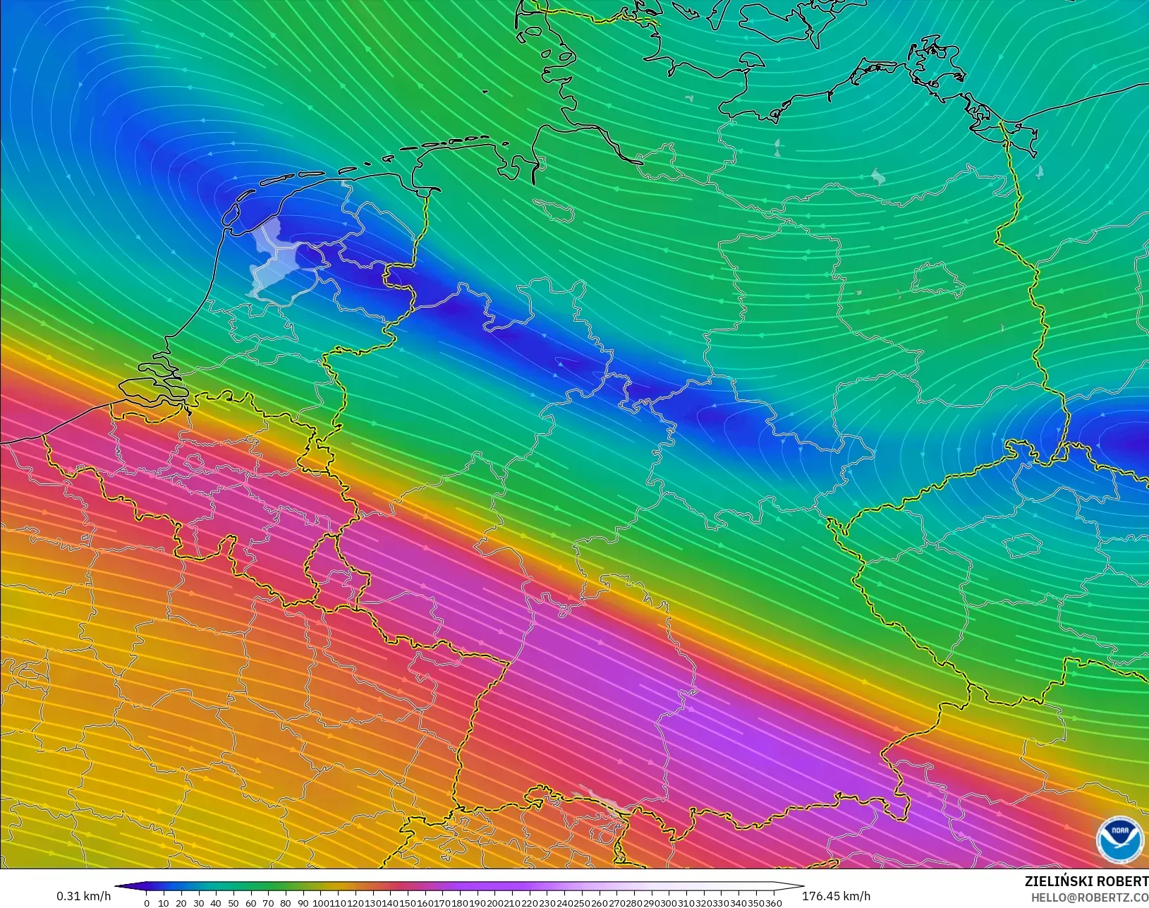 GFS modelo - Alemania, Viento a 300 hPa (corriente en chorro)