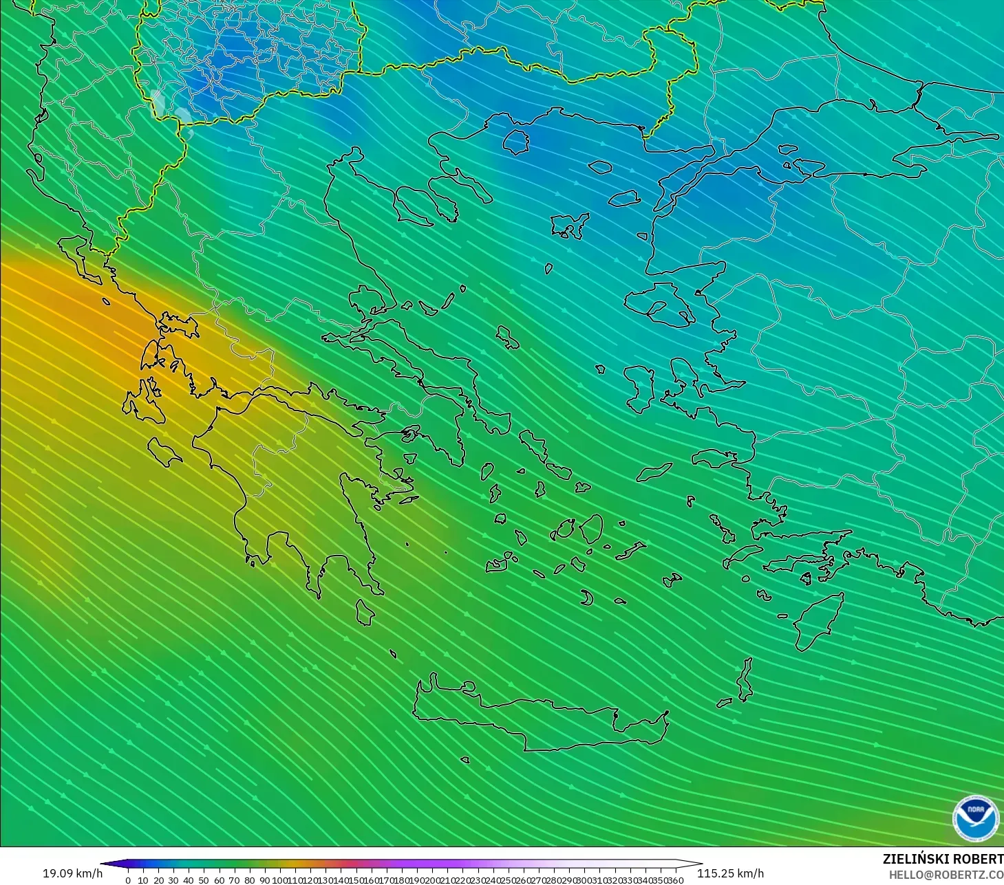GFS modelo - Grecia, Viento a 300 hPa (corriente en chorro)