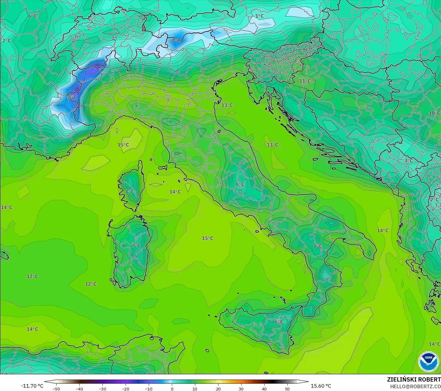 GFS modelo - Italia, Punto de rocío a 2 m