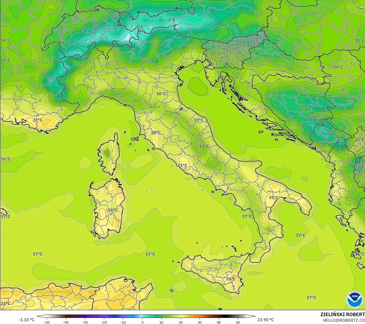 GFS modelo - Italia, Temperatura a 2 m