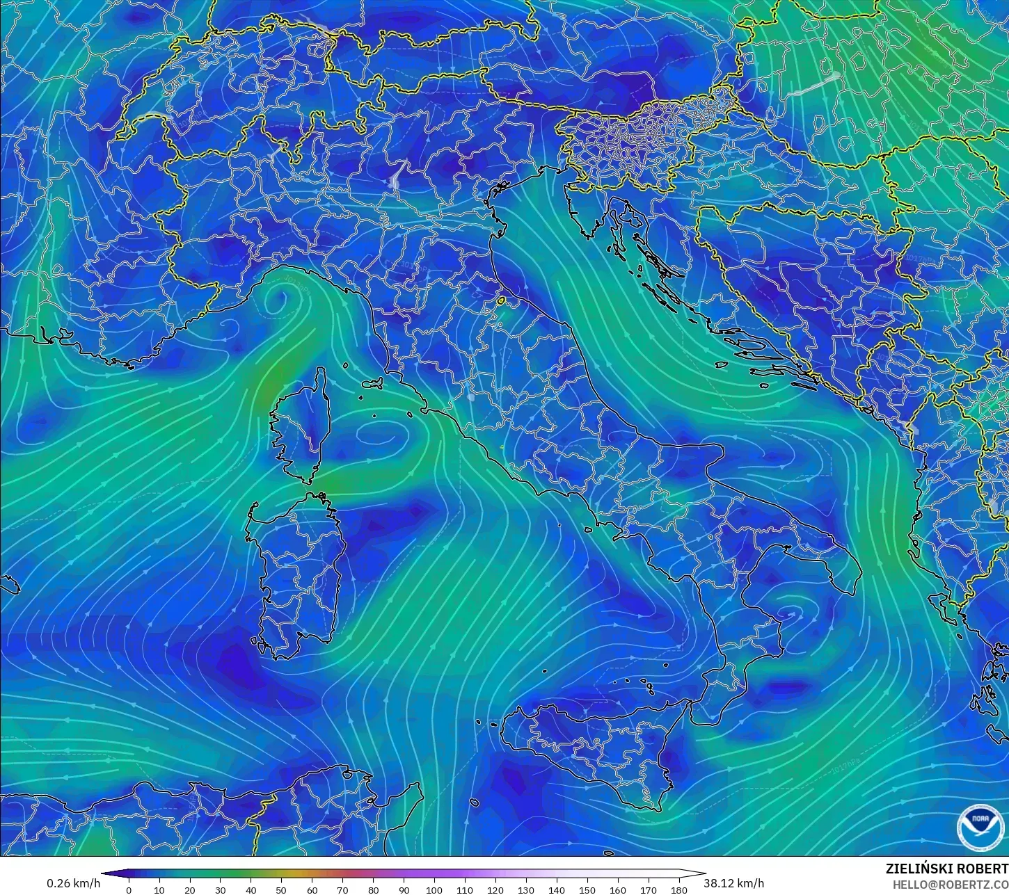 GFS modelo - Italia, Viento a 10 m