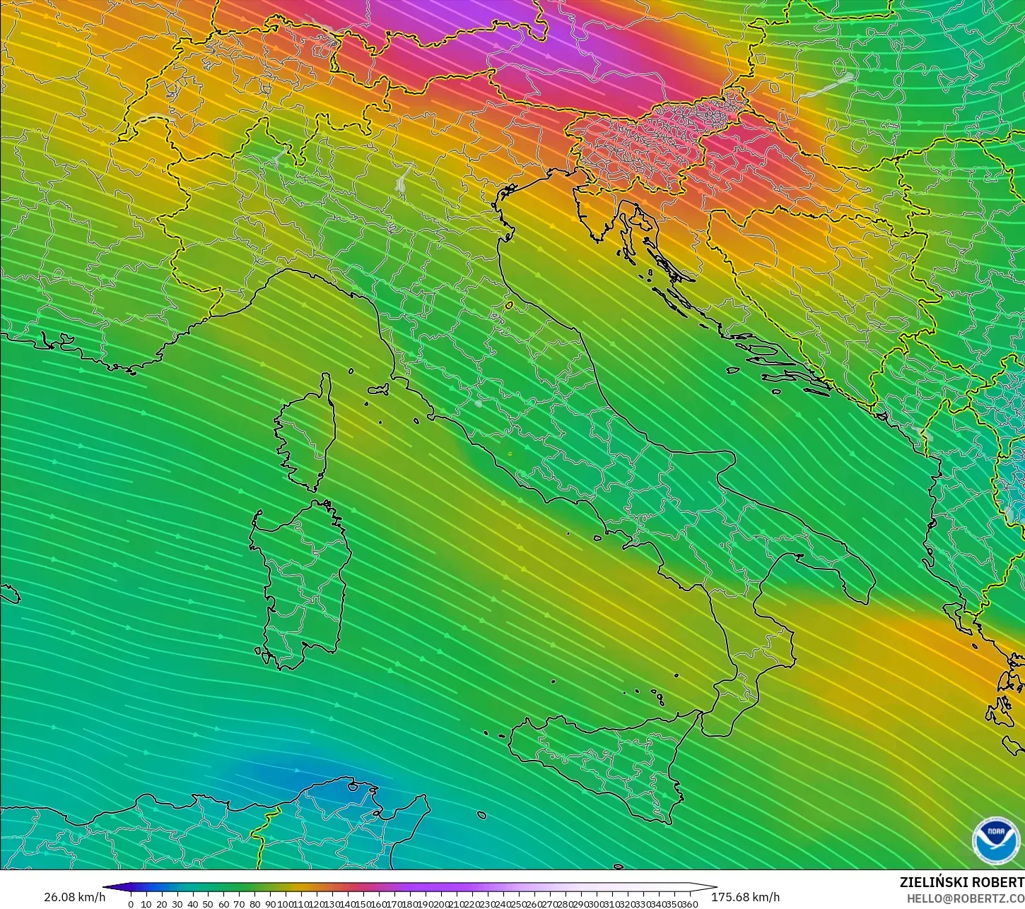GFS modelo - Italia, Viento a 300 hPa (corriente en chorro)