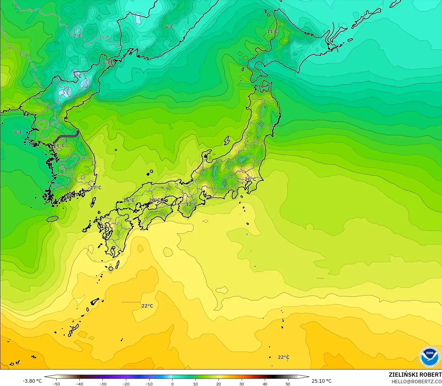 GFS modelo - Japón, Temperatura a 2 m