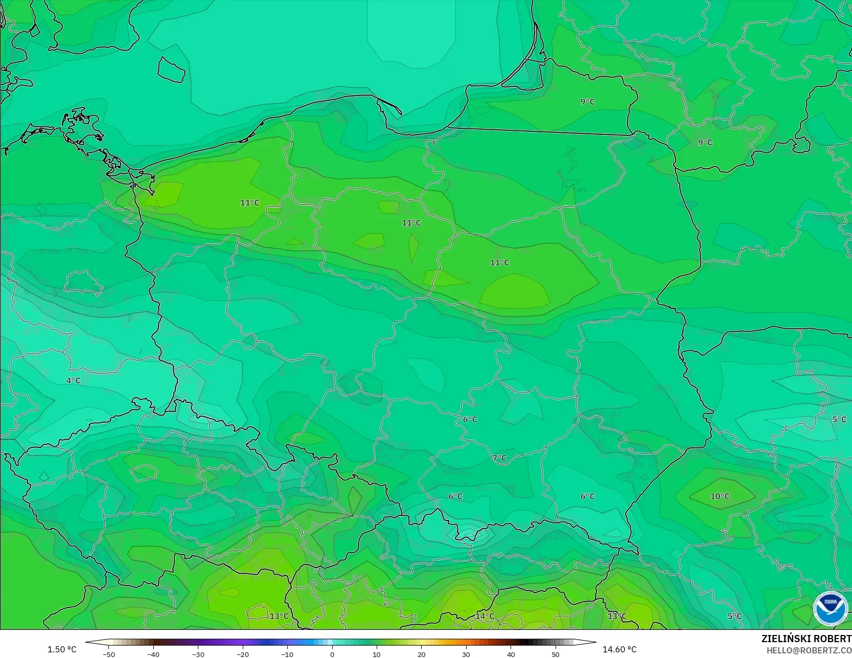 GFS modelo - Polonia, Temperatura a 2 m