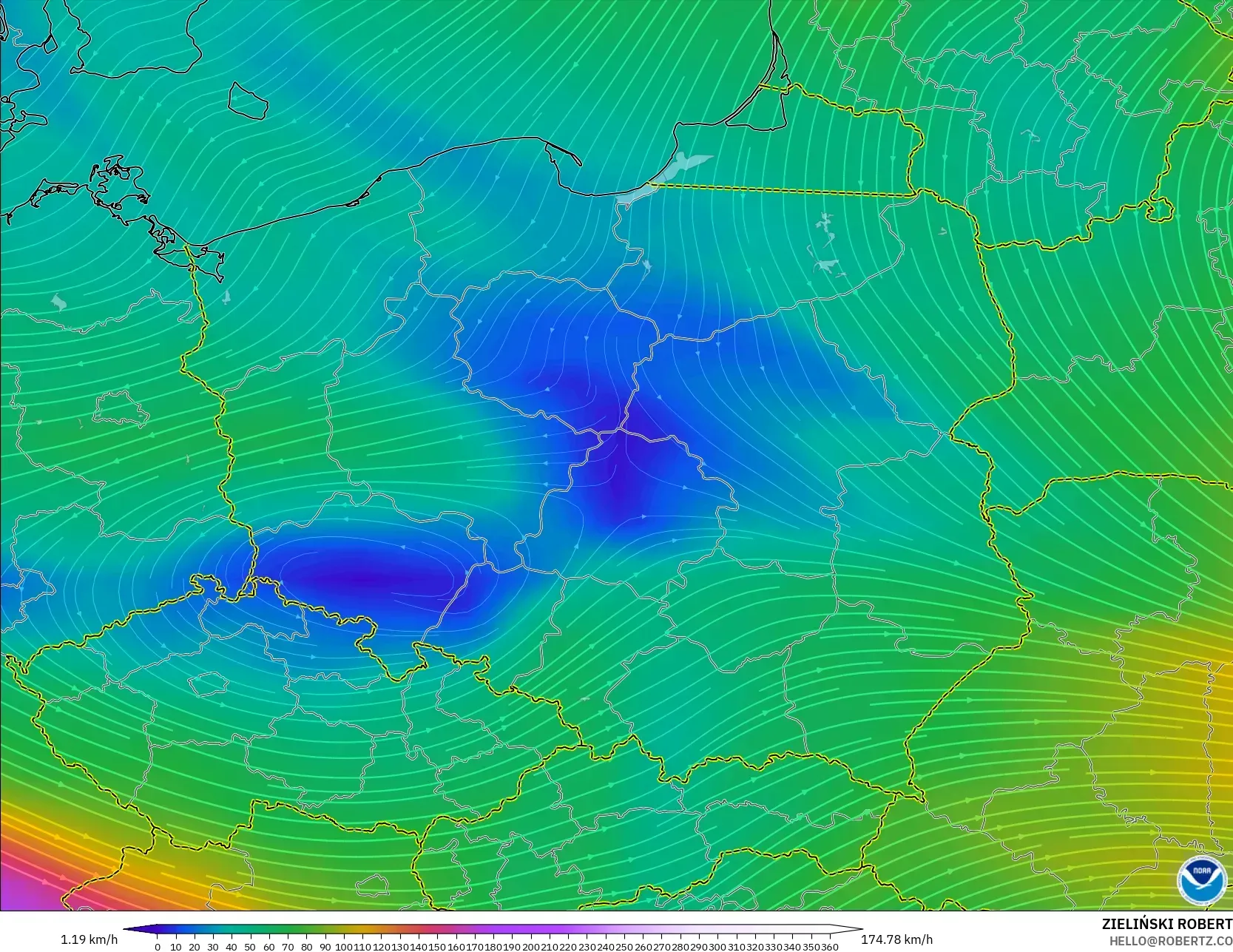 GFS modelo - Polonia, Viento a 300 hPa (corriente en chorro)