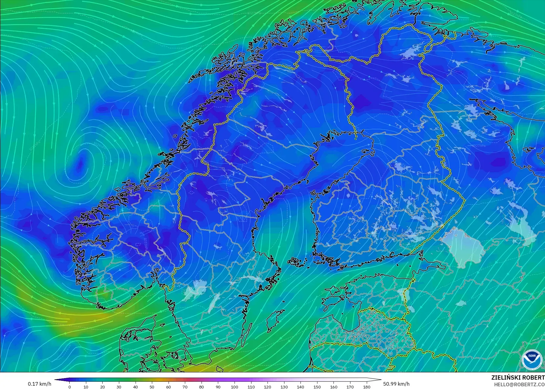 GFS modelo - Escandinavia, Viento a 10 m