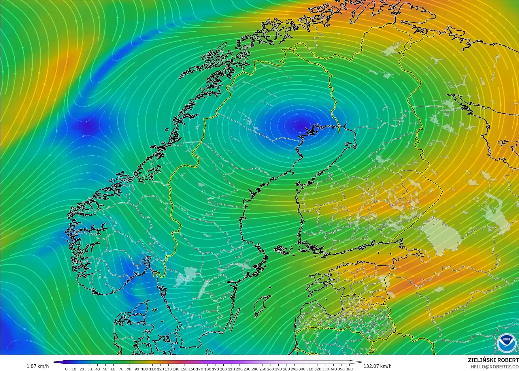 GFS modelo - Escandinavia, Viento a 300 hPa (corriente en chorro)
