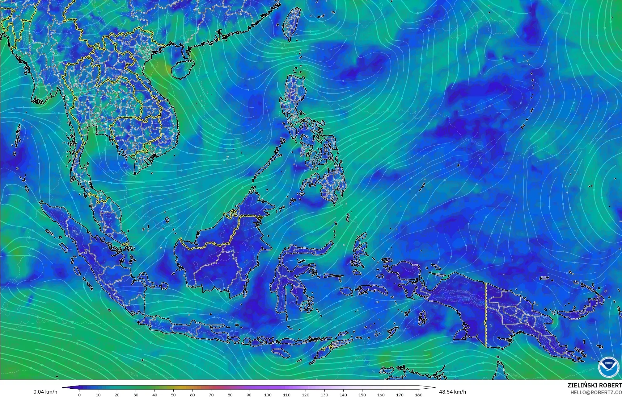 GFS modelo - Sudeste Asiático, Viento a 10 m