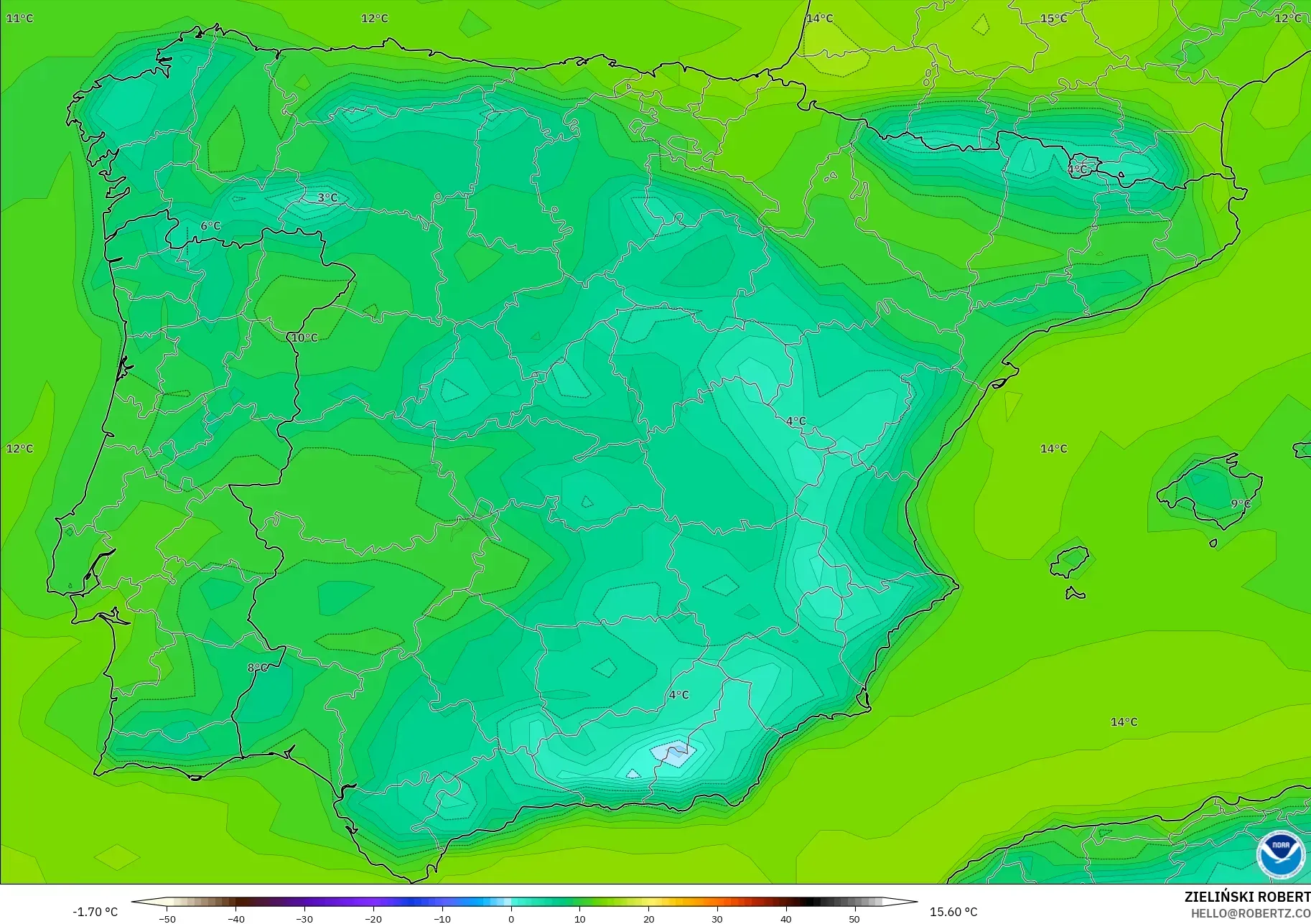 GFS modelo - España, Punto de rocío a 2 m