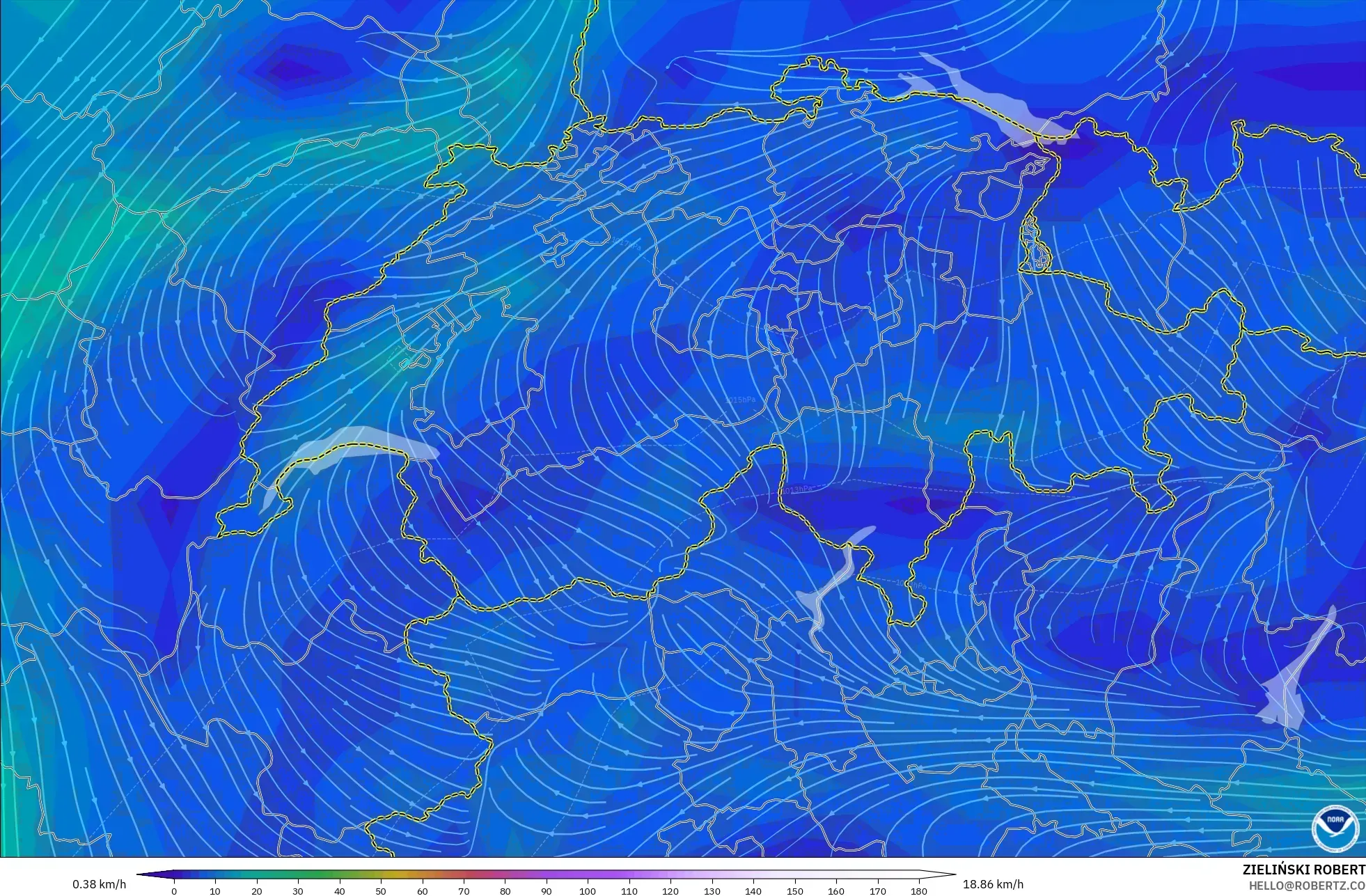 GFS modelo - Suiza, Viento a 10 m