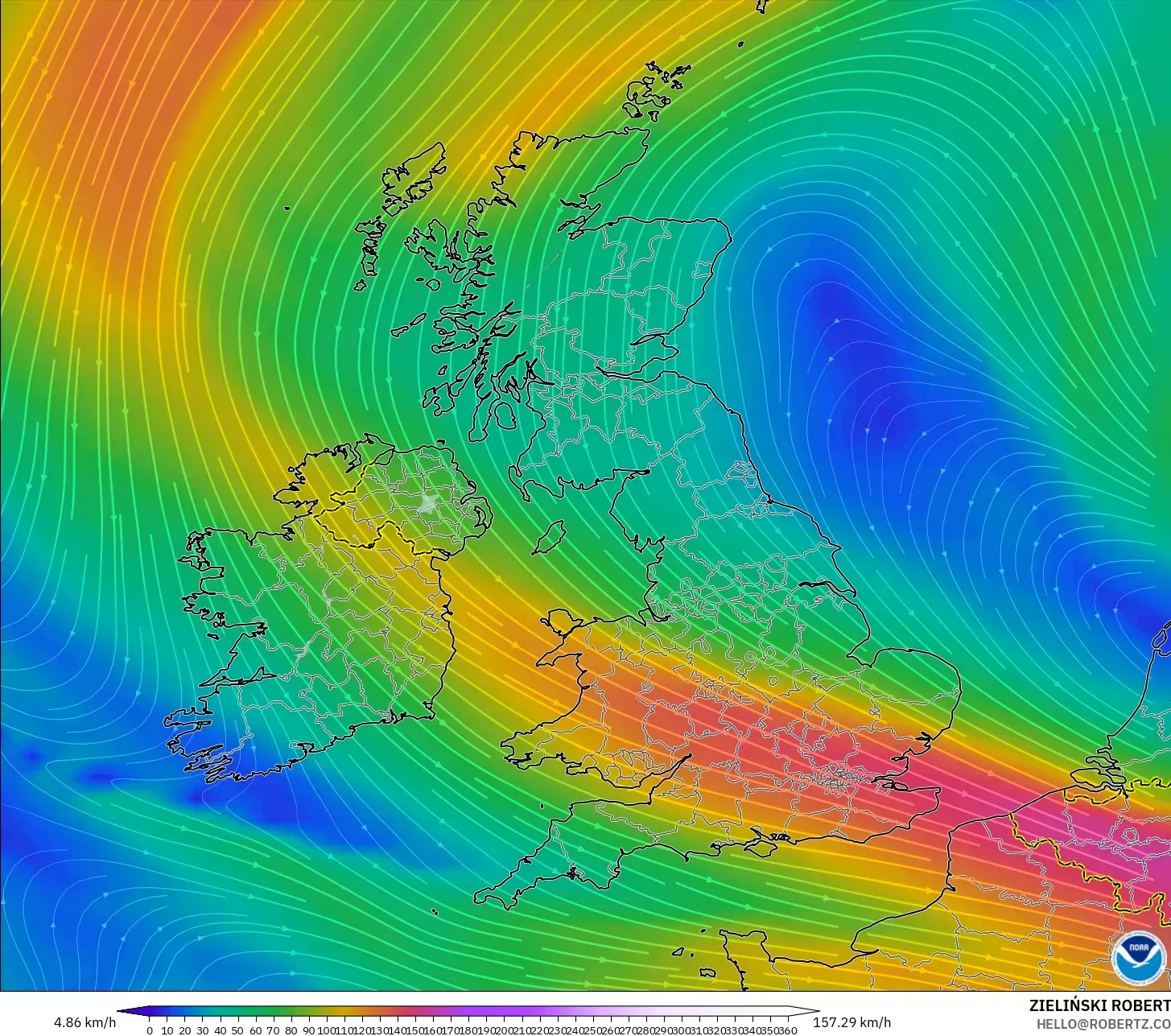 GFS modelo - Reino Unido, Viento a 300 hPa (corriente en chorro)
