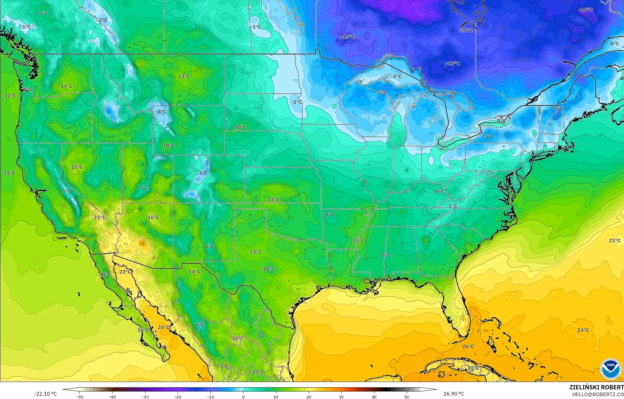 GFS modelo - Estados Unidos, Temperatura a 2 m