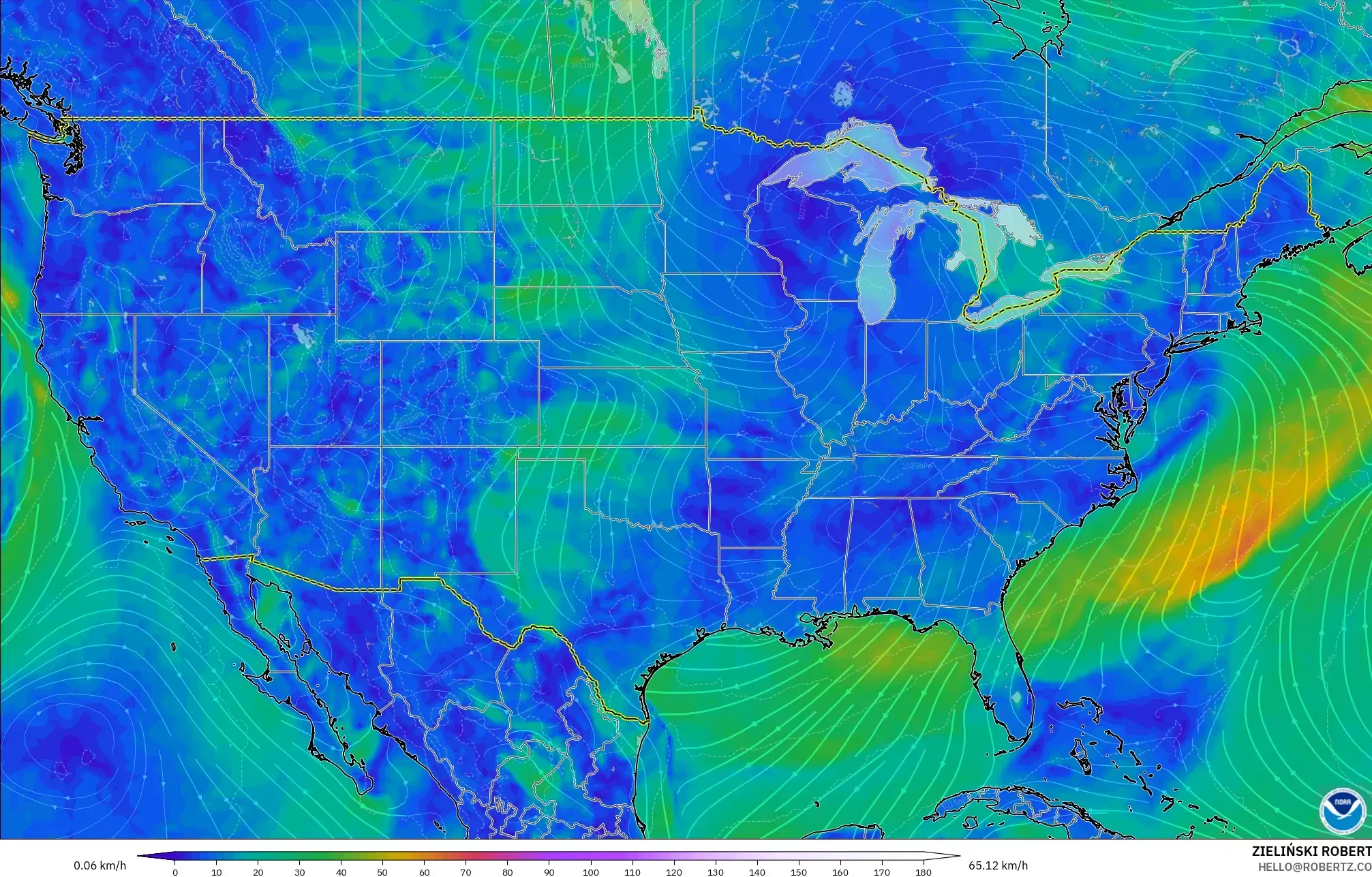 GFS modelo - Estados Unidos, Viento a 10 m