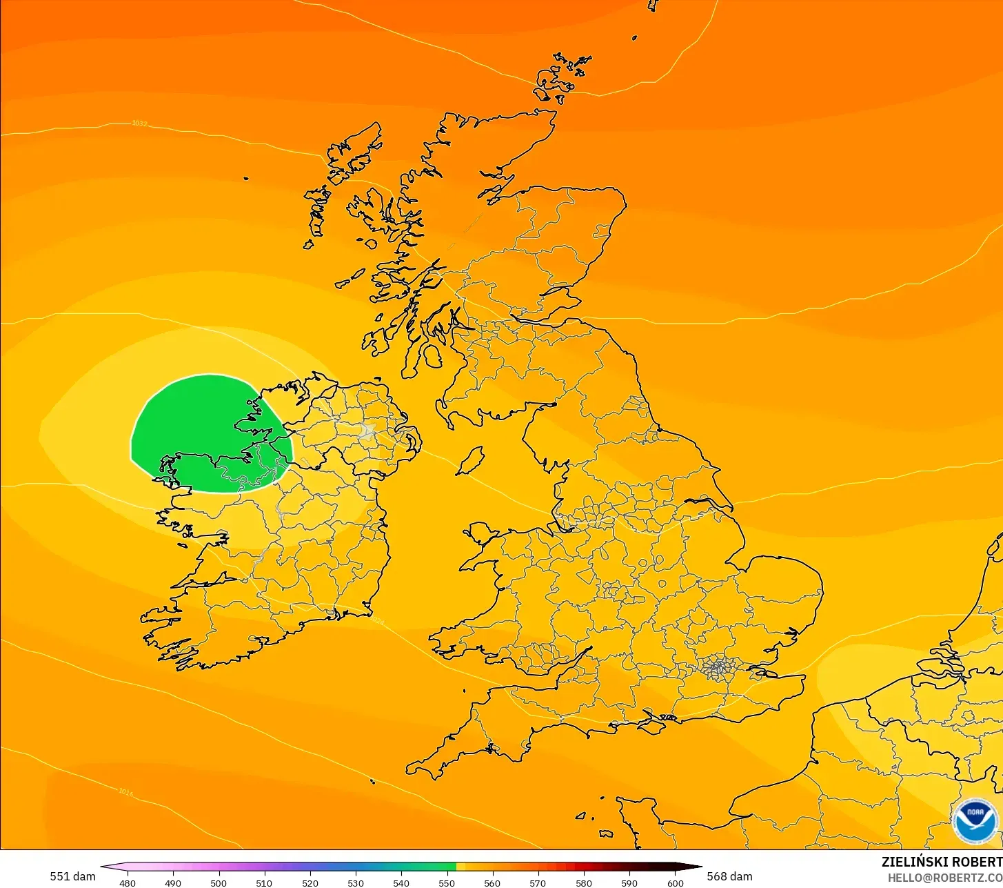 GFS modelo - Reino Unido, Altura geopotencial a 500 hPa