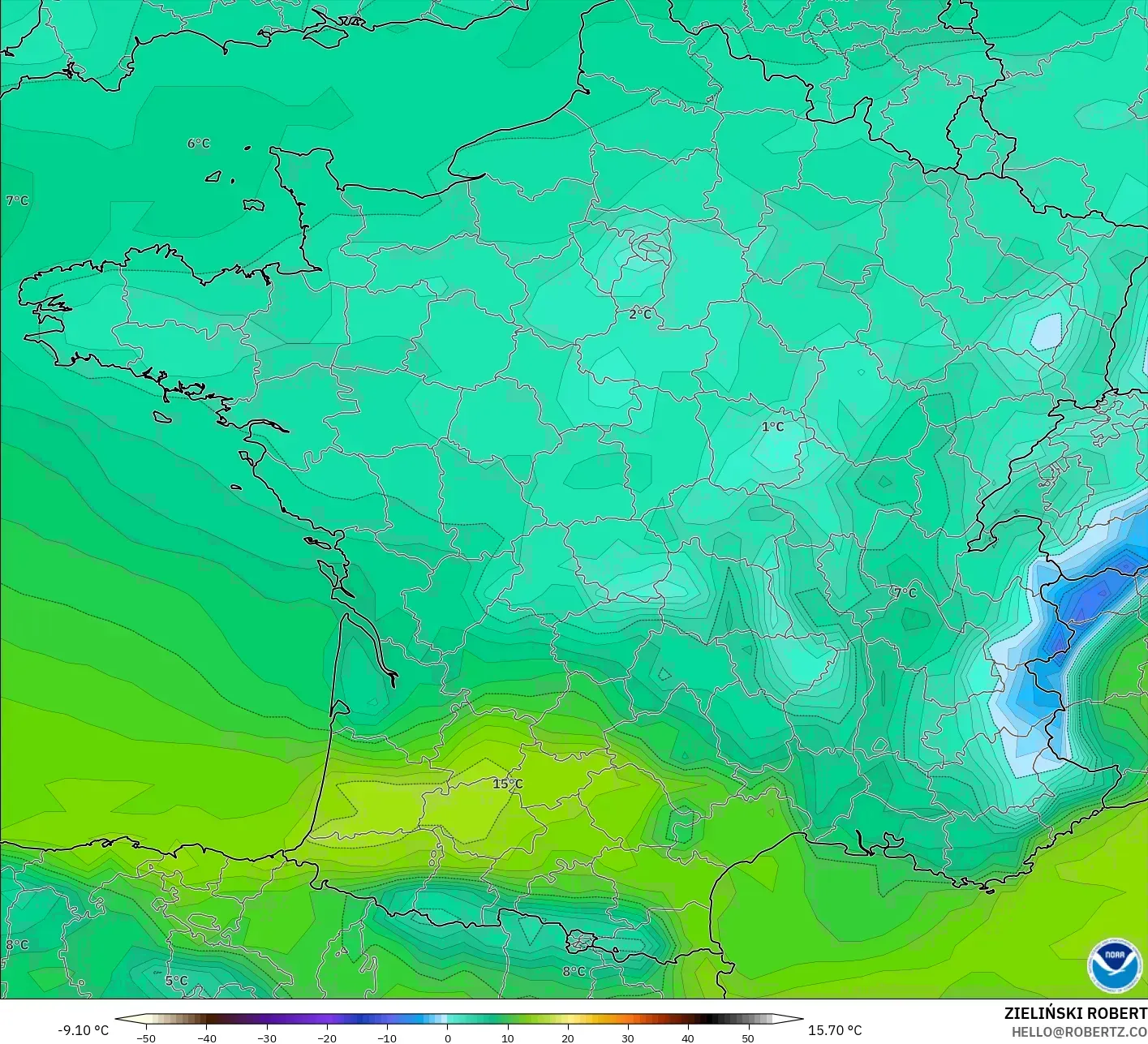 GFS modelo - Francia, Punto de rocío a 2 m
