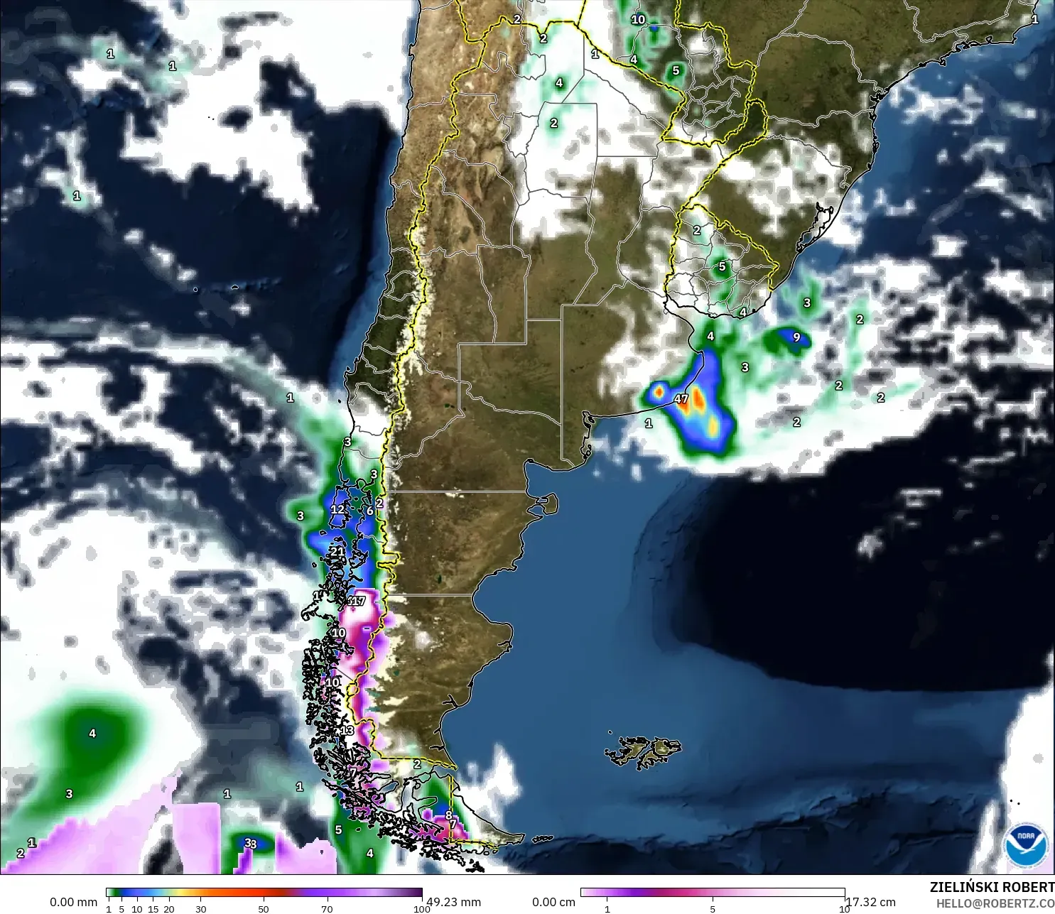 GFS modelo - Argentina, Precipitación, nubes y presión
