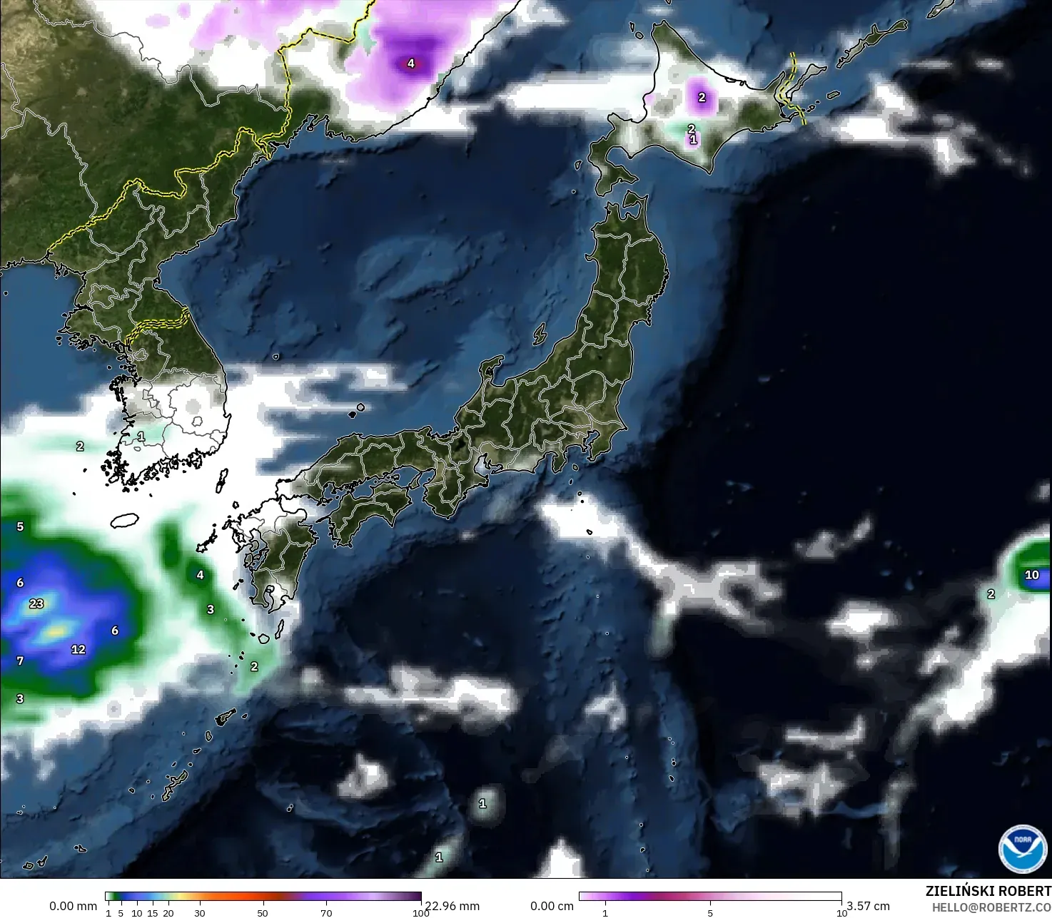 GFS modelo - Japón, Precipitación, nubes y presión