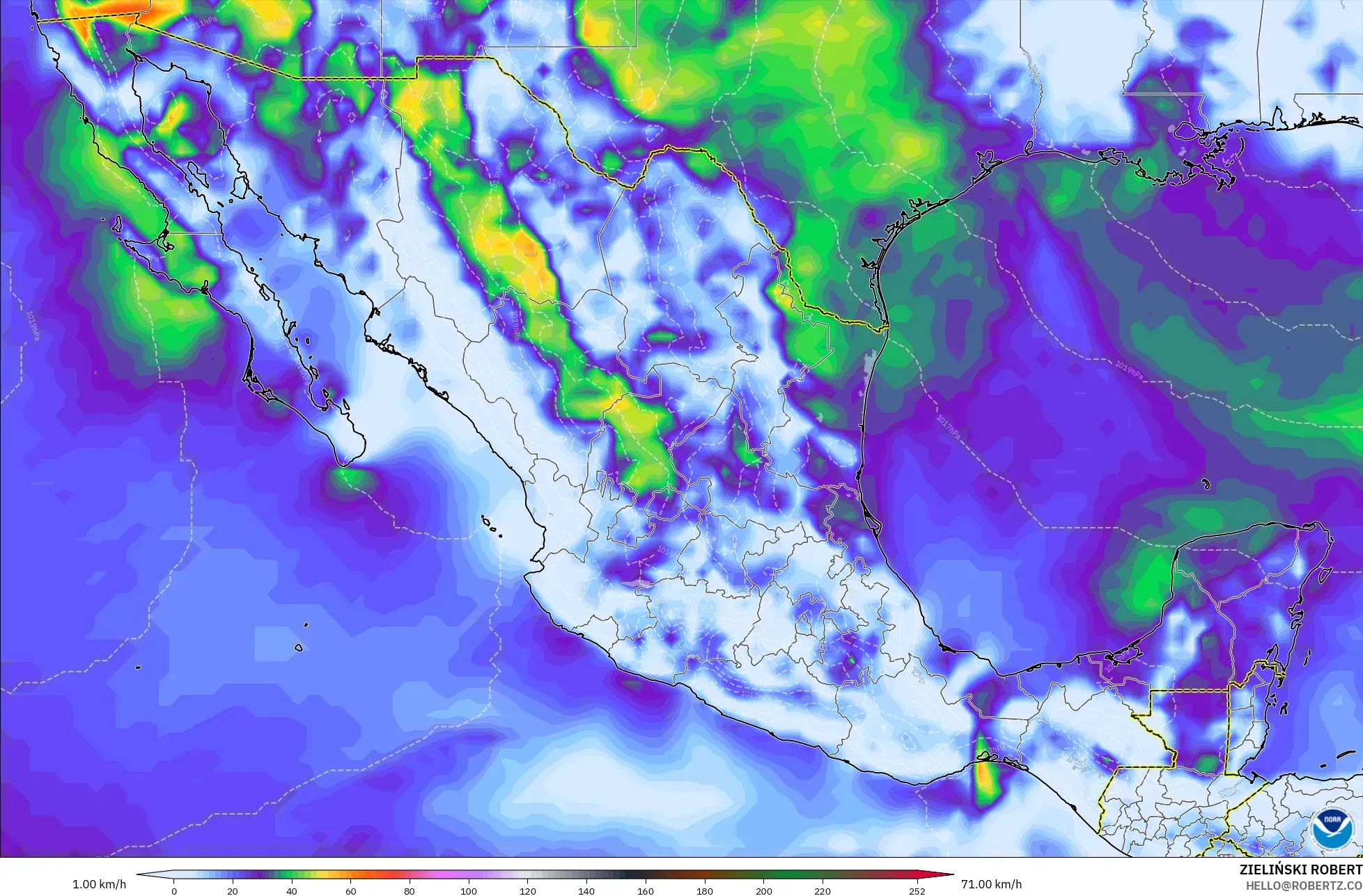 GFS modelo - México, Ráfagas de viento