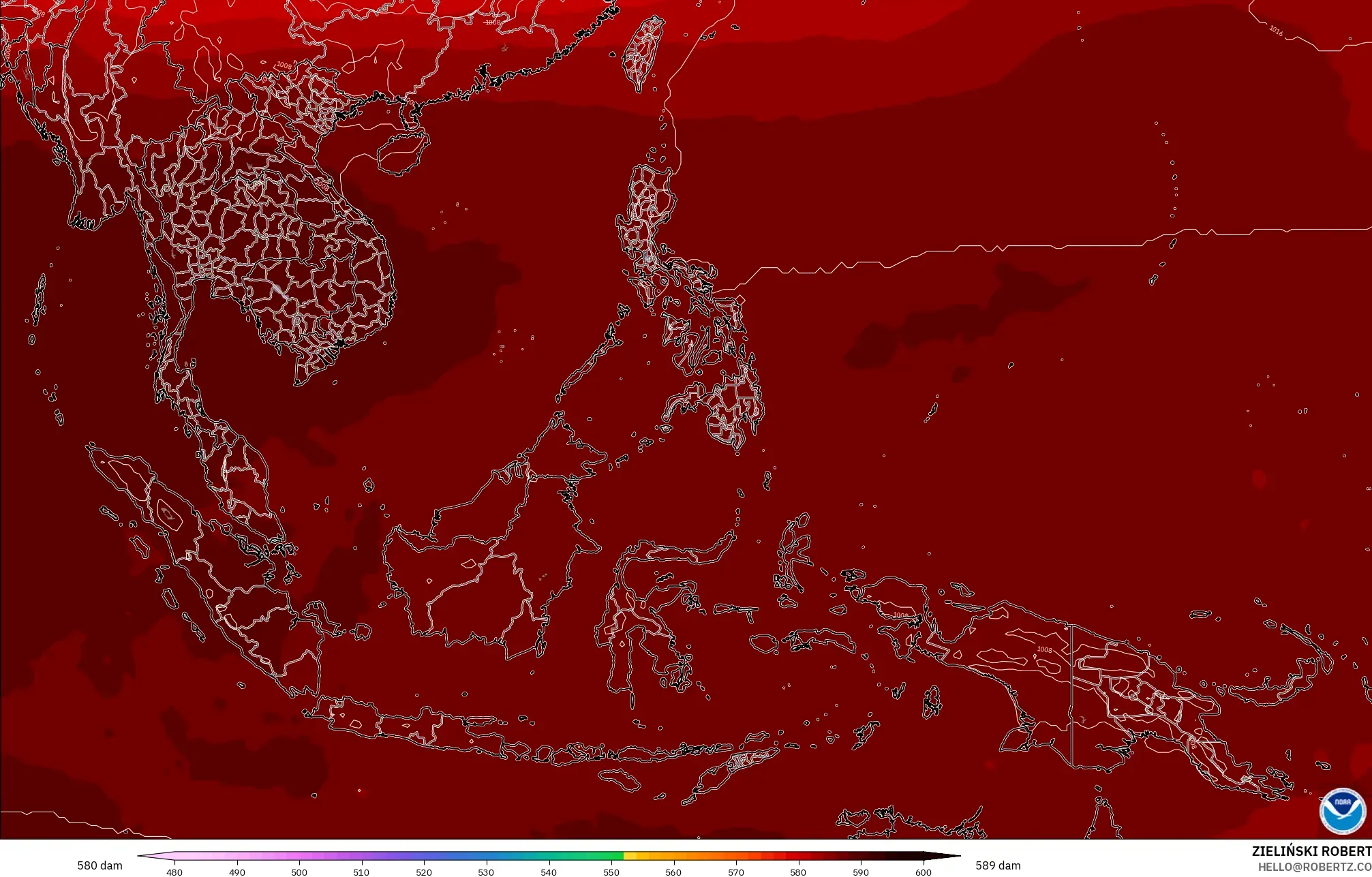 GFS modelo - Sudeste Asiático, Altura geopotencial a 500 hPa